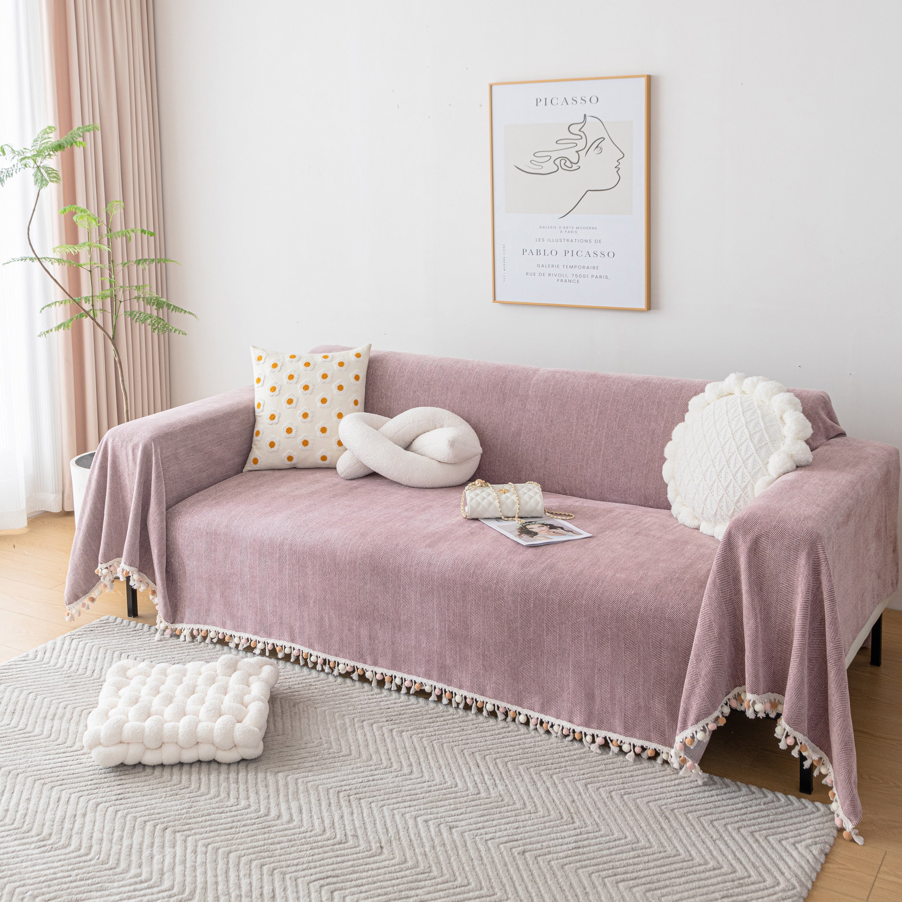 Boho Herringbone Sofa Throw Blanket with Pom Pom Tassels Stylish Furniture Slipcover - Image 62