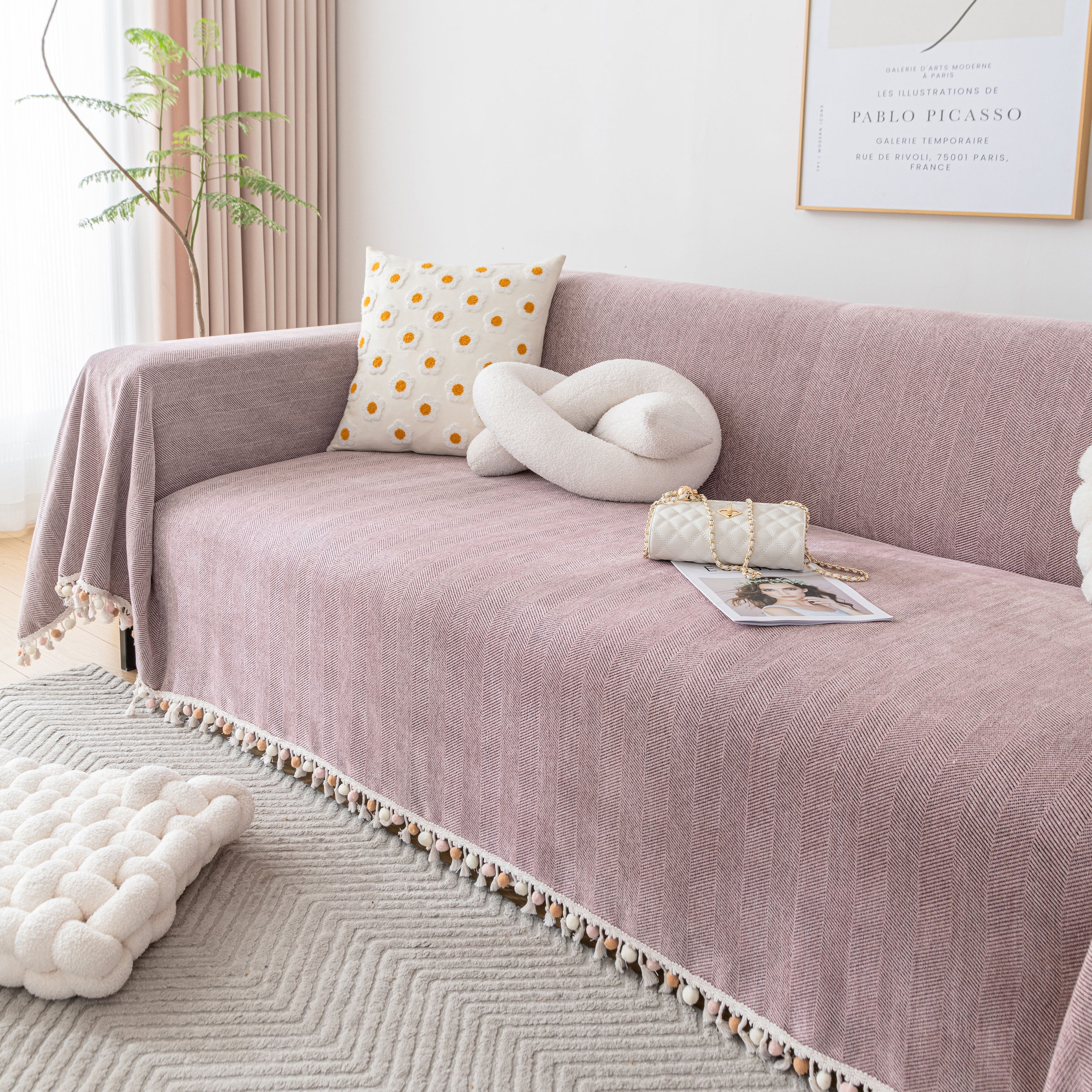 Boho Herringbone Sofa Throw Blanket with Pom Pom Tassels Stylish Furniture Slipcover - Image 63