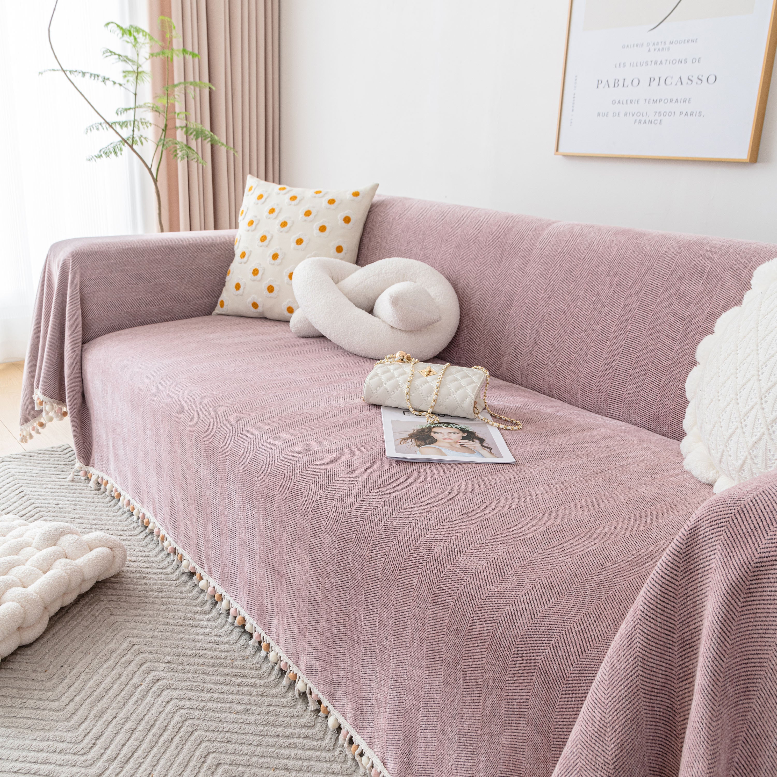Boho Herringbone Sofa Throw Blanket with Pom Pom Tassels Stylish Furniture Slipcover - Image 64