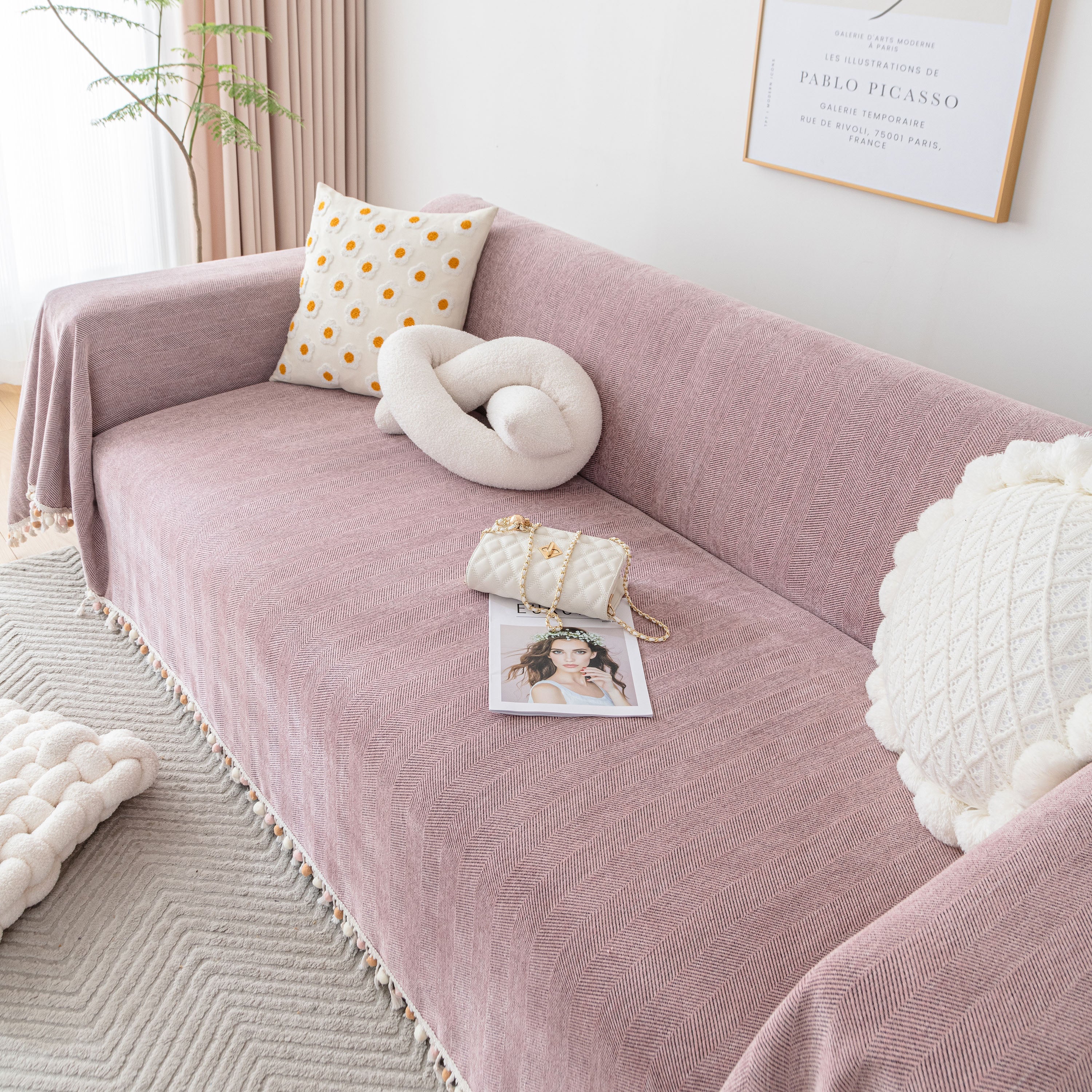 Boho Herringbone Sofa Throw Blanket with Pom Pom Tassels Stylish Furniture Slipcover - Image 65