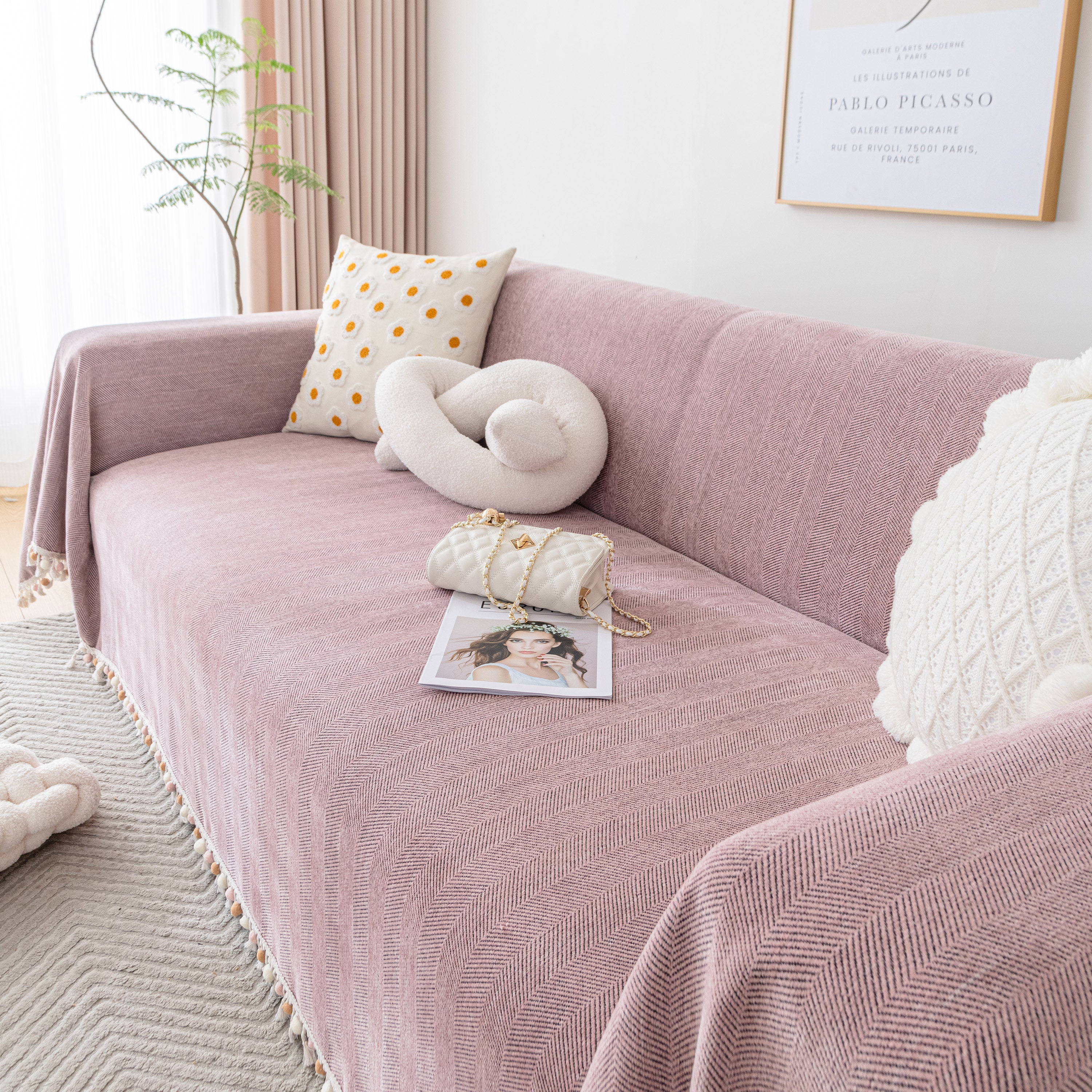 Boho Herringbone Sofa Throw Blanket with Pom Pom Tassels Stylish Furniture Slipcover - Image 66