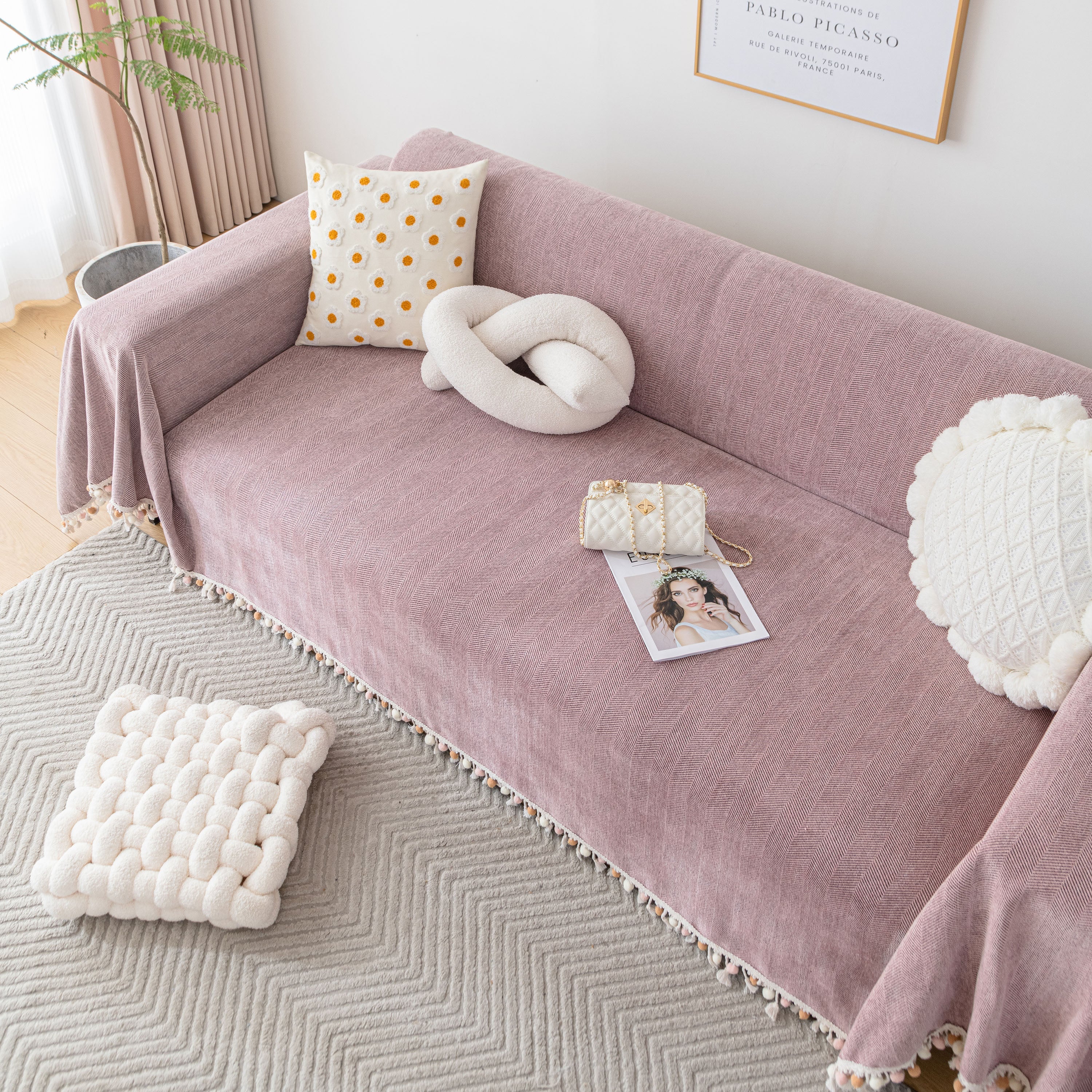 Boho Herringbone Sofa Throw Blanket with Pom Pom Tassels Stylish Furniture Slipcover - Image 67