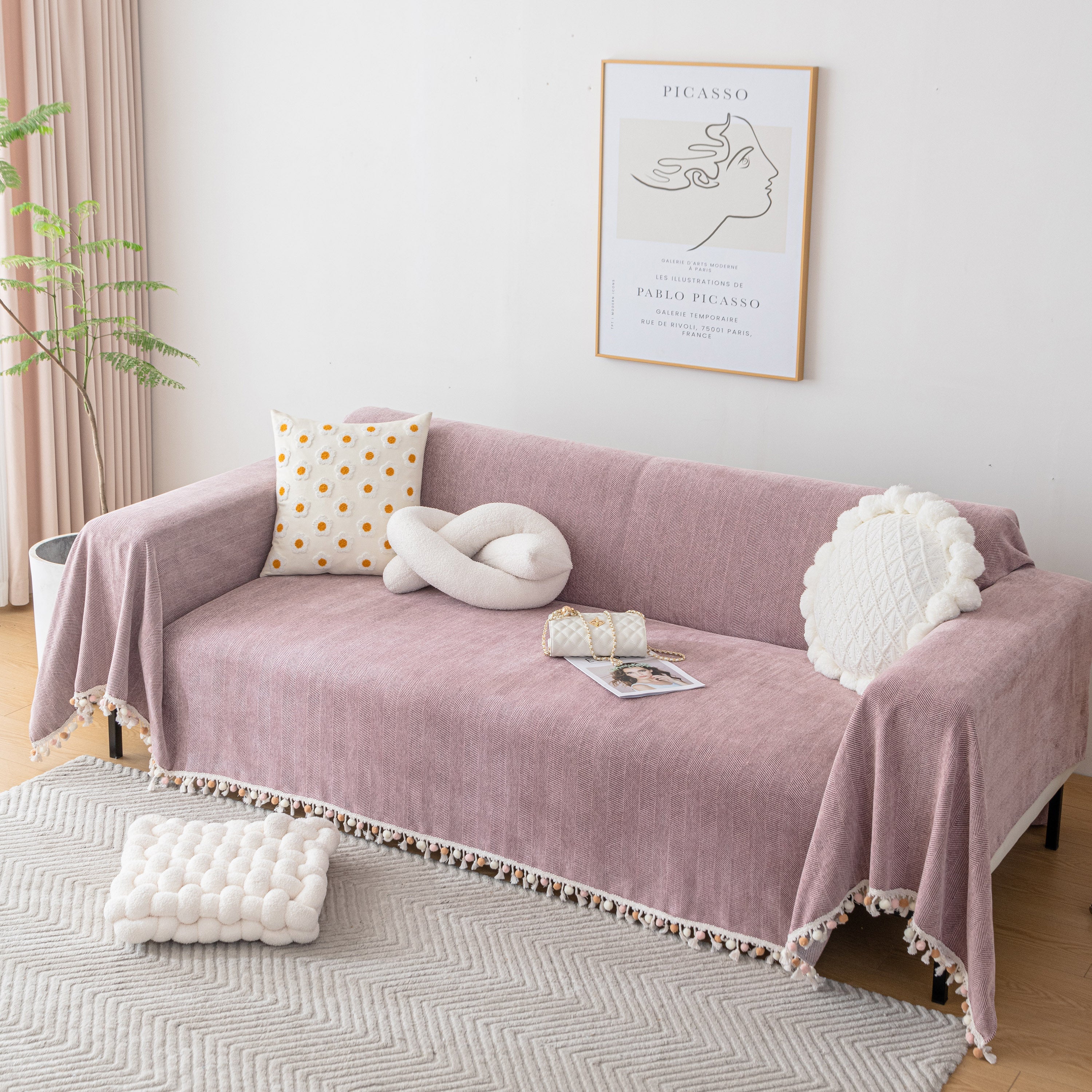 Boho Herringbone Sofa Throw Blanket with Pom Pom Tassels Stylish Furniture Slipcover - Image 68