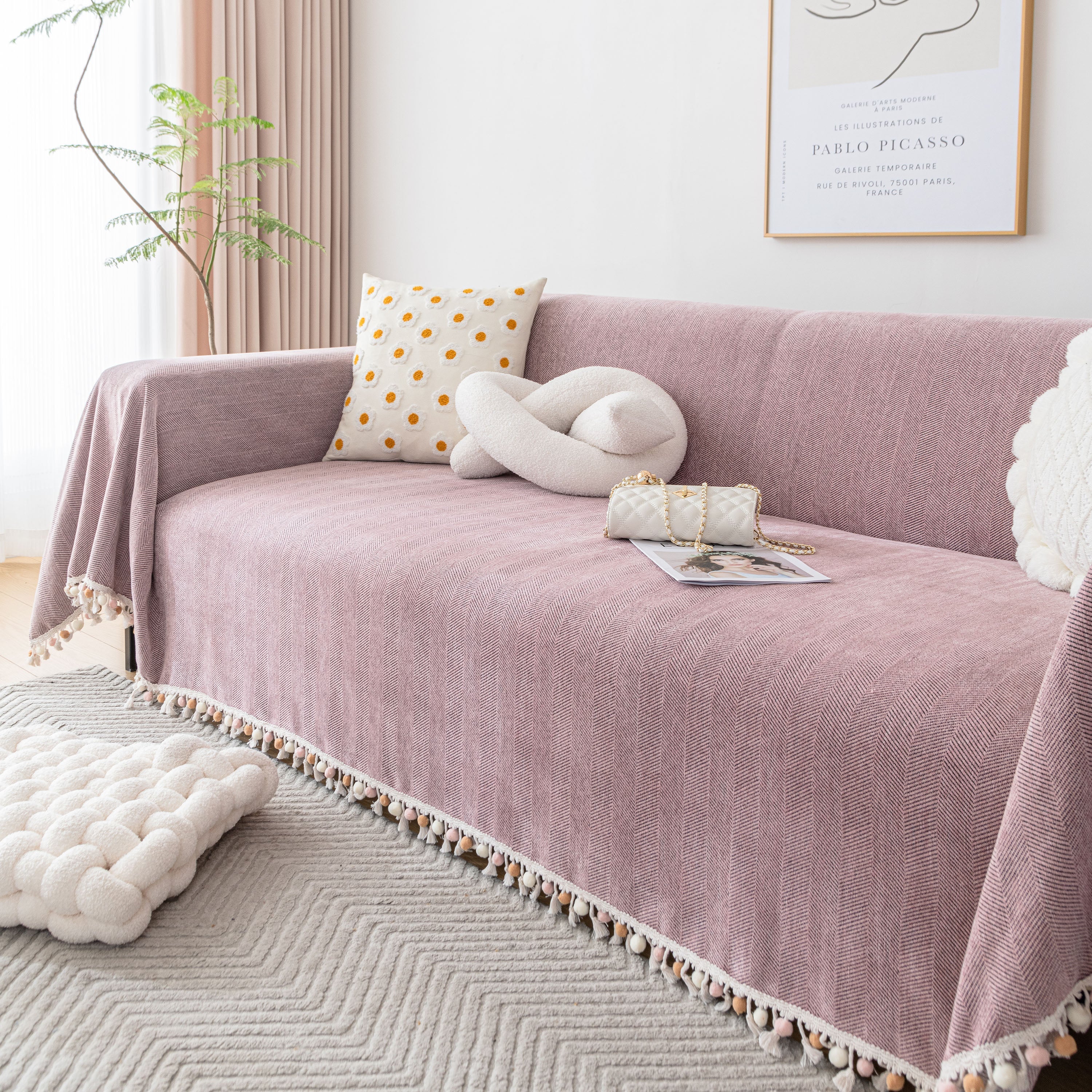 Boho Herringbone Sofa Throw Blanket with Pom Pom Tassels Stylish Furniture Slipcover - Image 69