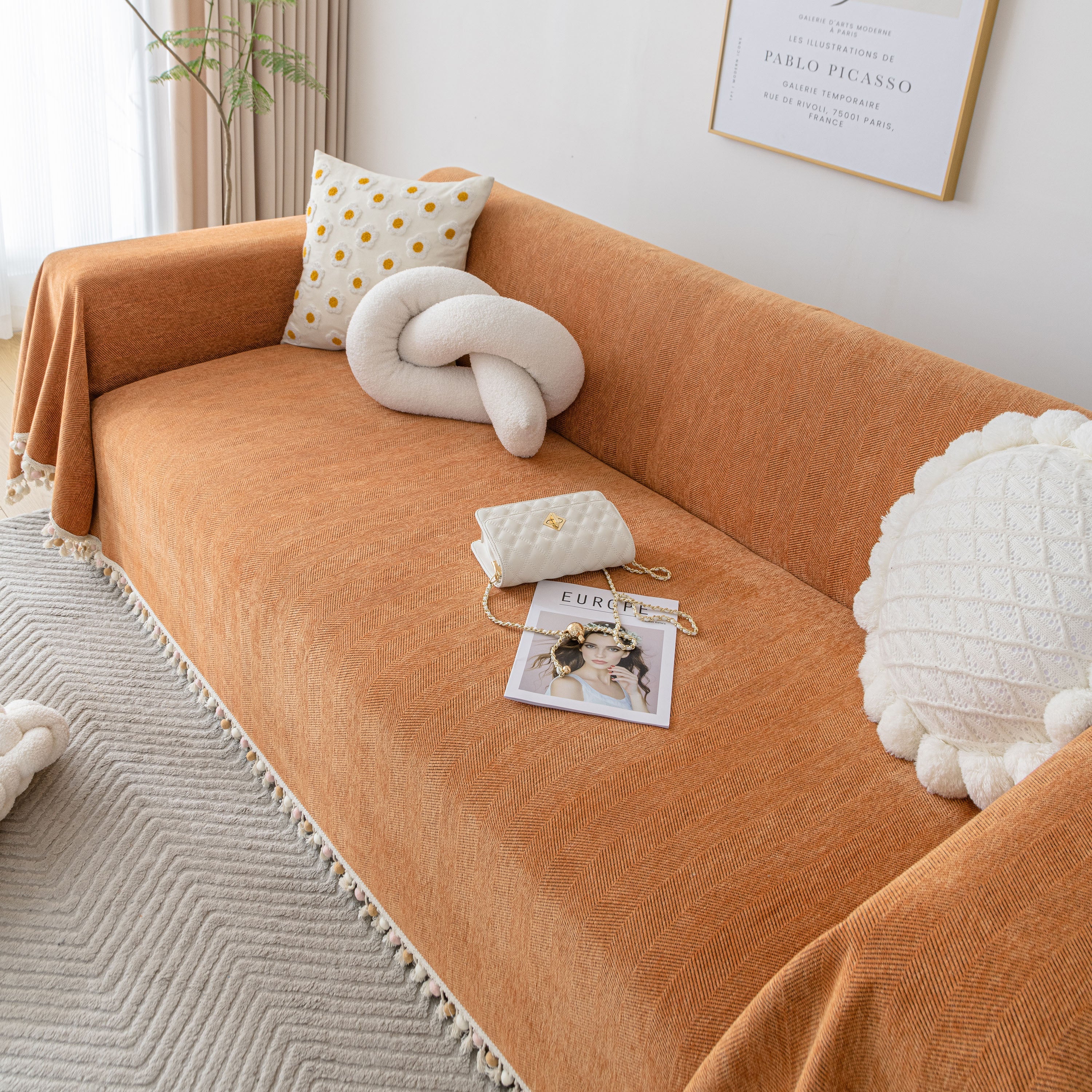 Boho Herringbone Sofa Throw Blanket with Pom Pom Tassels Stylish Furniture Slipcover - Image 7