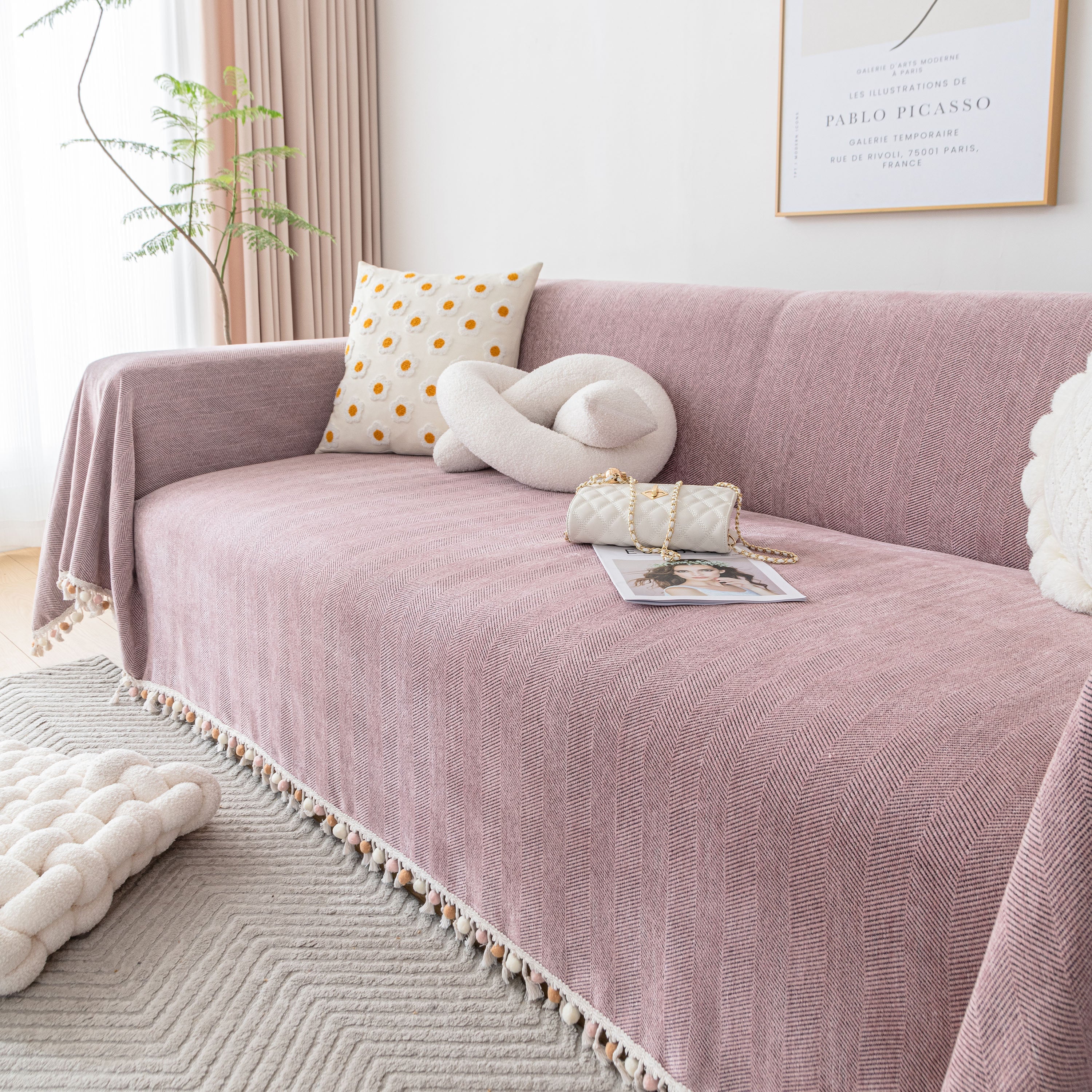 Boho Herringbone Sofa Throw Blanket with Pom Pom Tassels Stylish Furniture Slipcover - Image 70