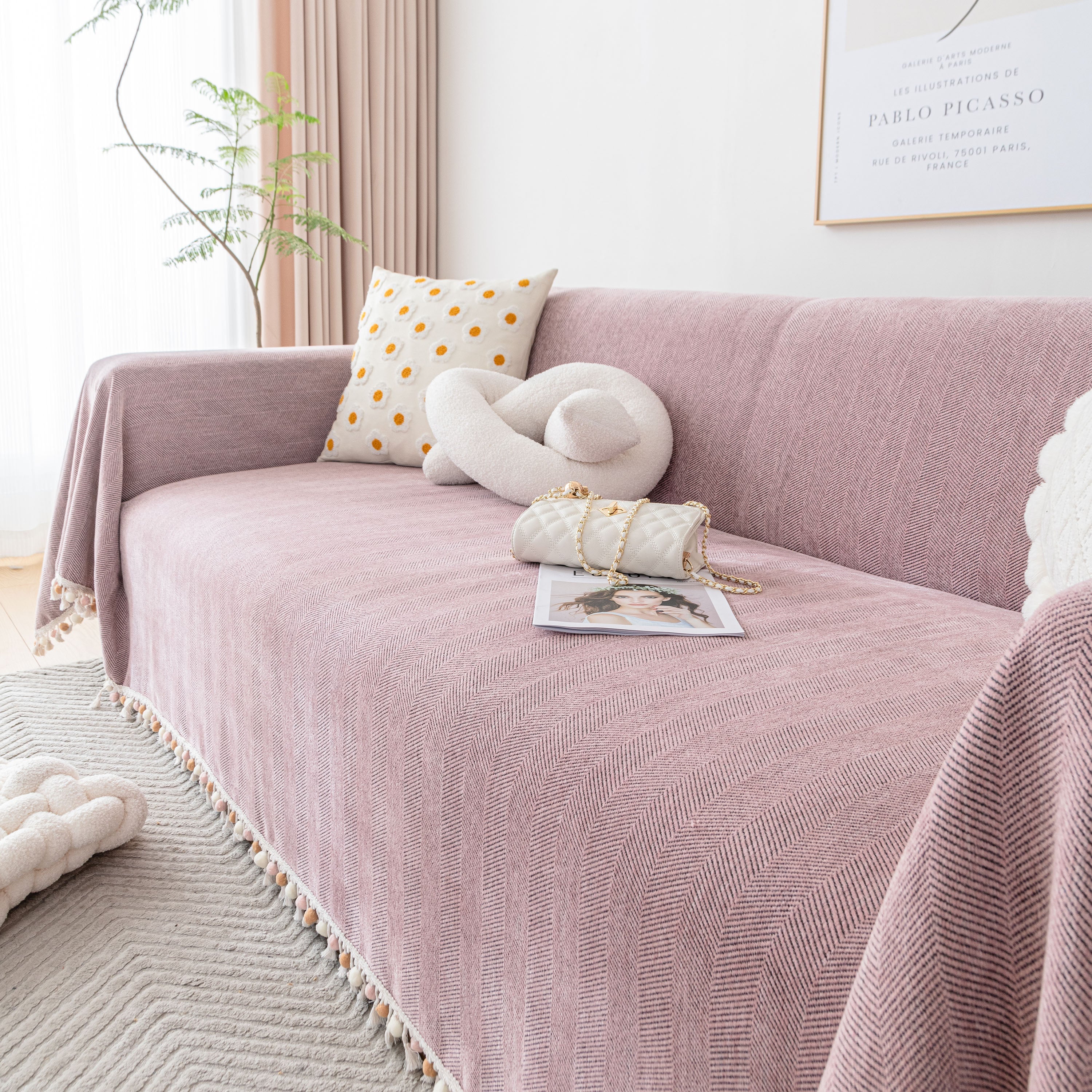 Boho Herringbone Sofa Throw Blanket with Pom Pom Tassels Stylish Furniture Slipcover - Image 71