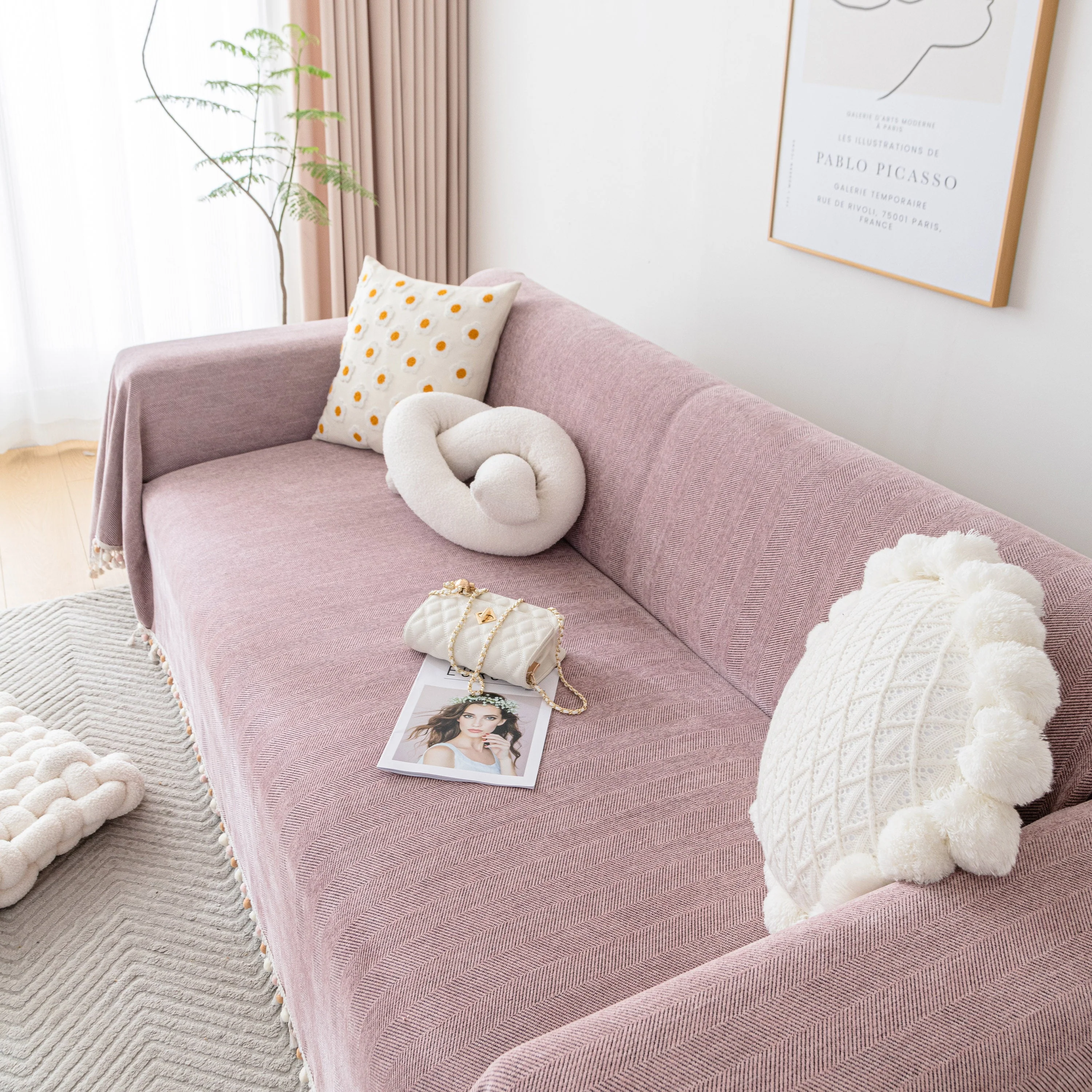 Boho Herringbone Sofa Throw Blanket with Pom Pom Tassels Stylish Furniture Slipcover - Image 72