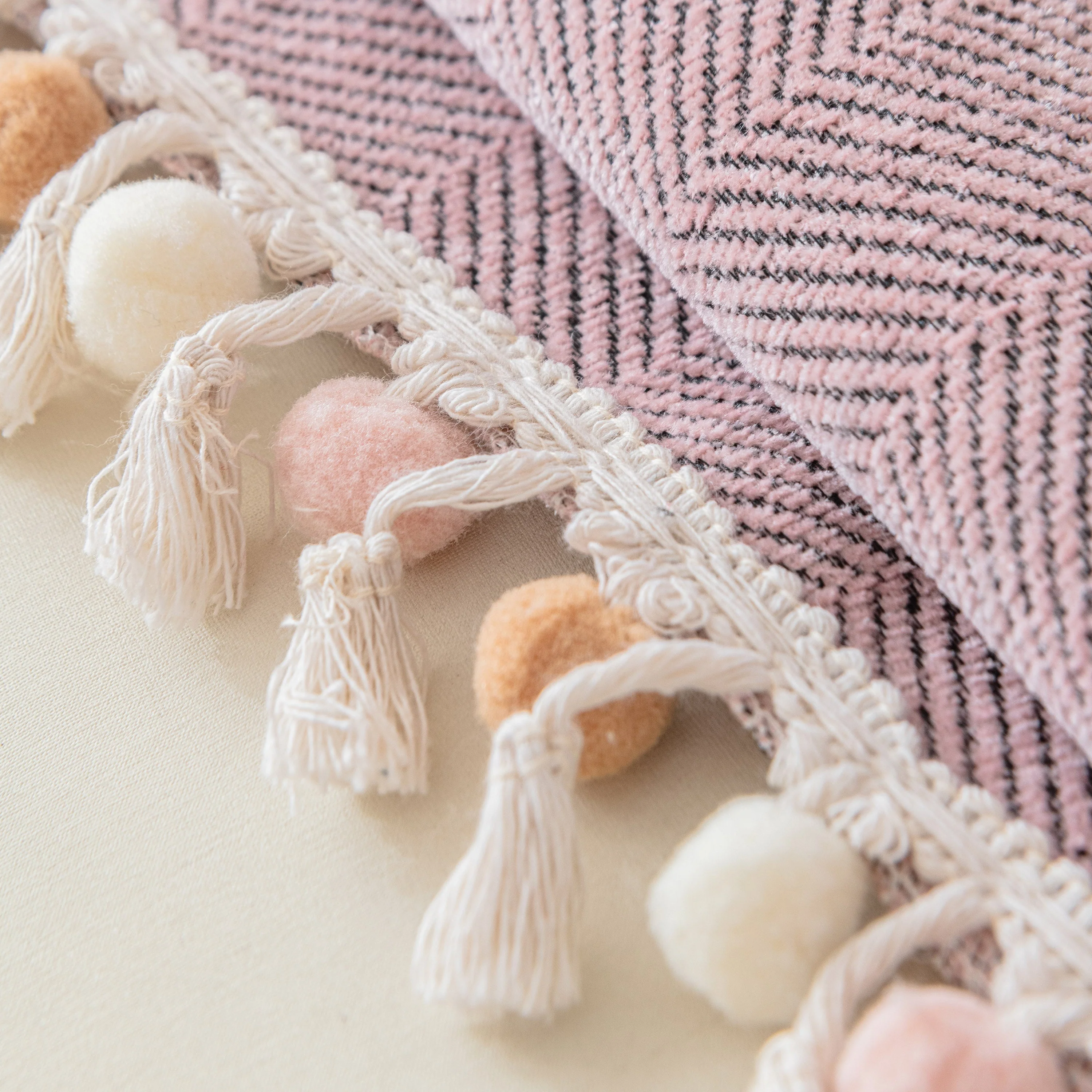 Boho Herringbone Sofa Throw Blanket with Pom Pom Tassels Stylish Furniture Slipcover - Image 76