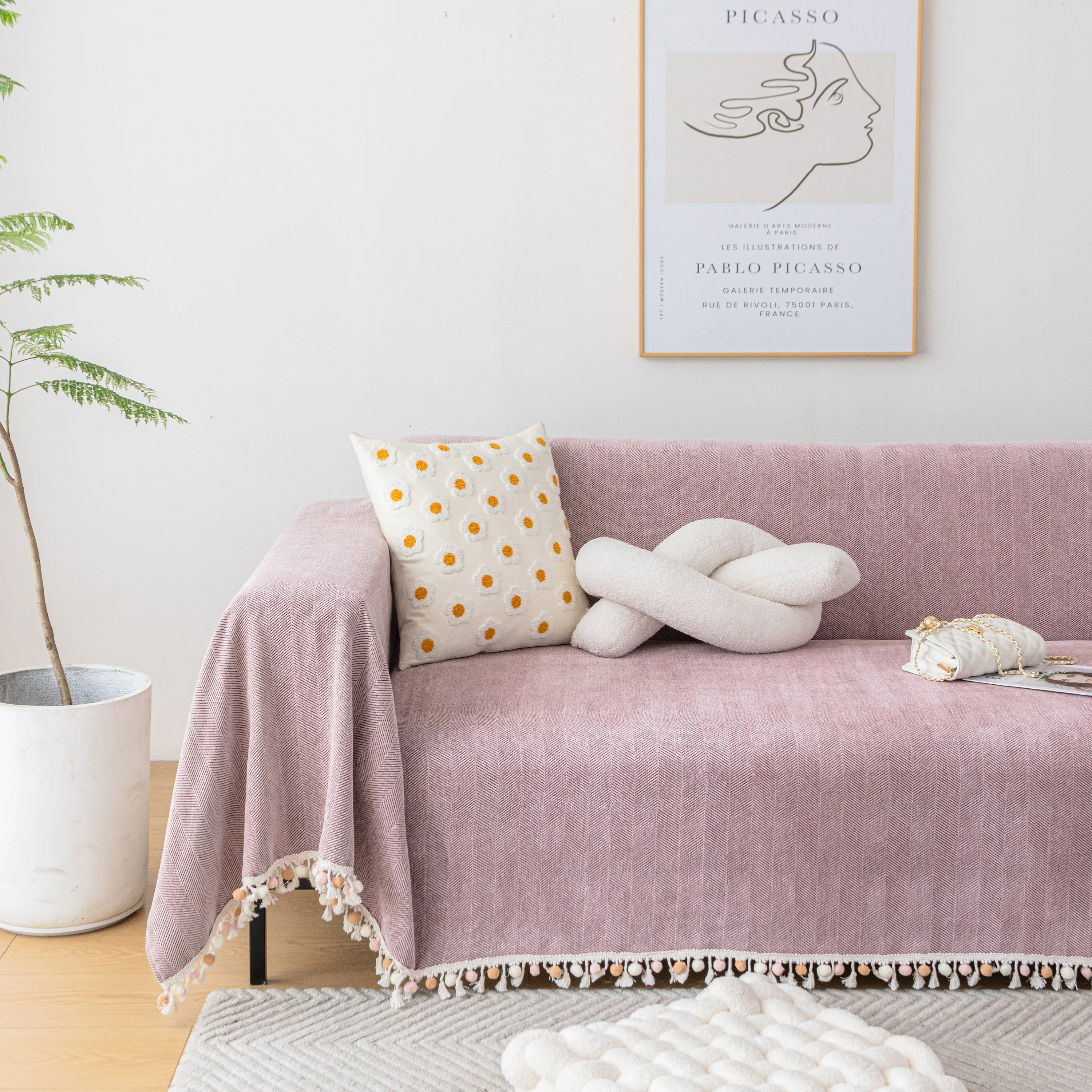Boho Herringbone Sofa Throw Blanket with Pom Pom Tassels Stylish Furniture Slipcover - Image 79