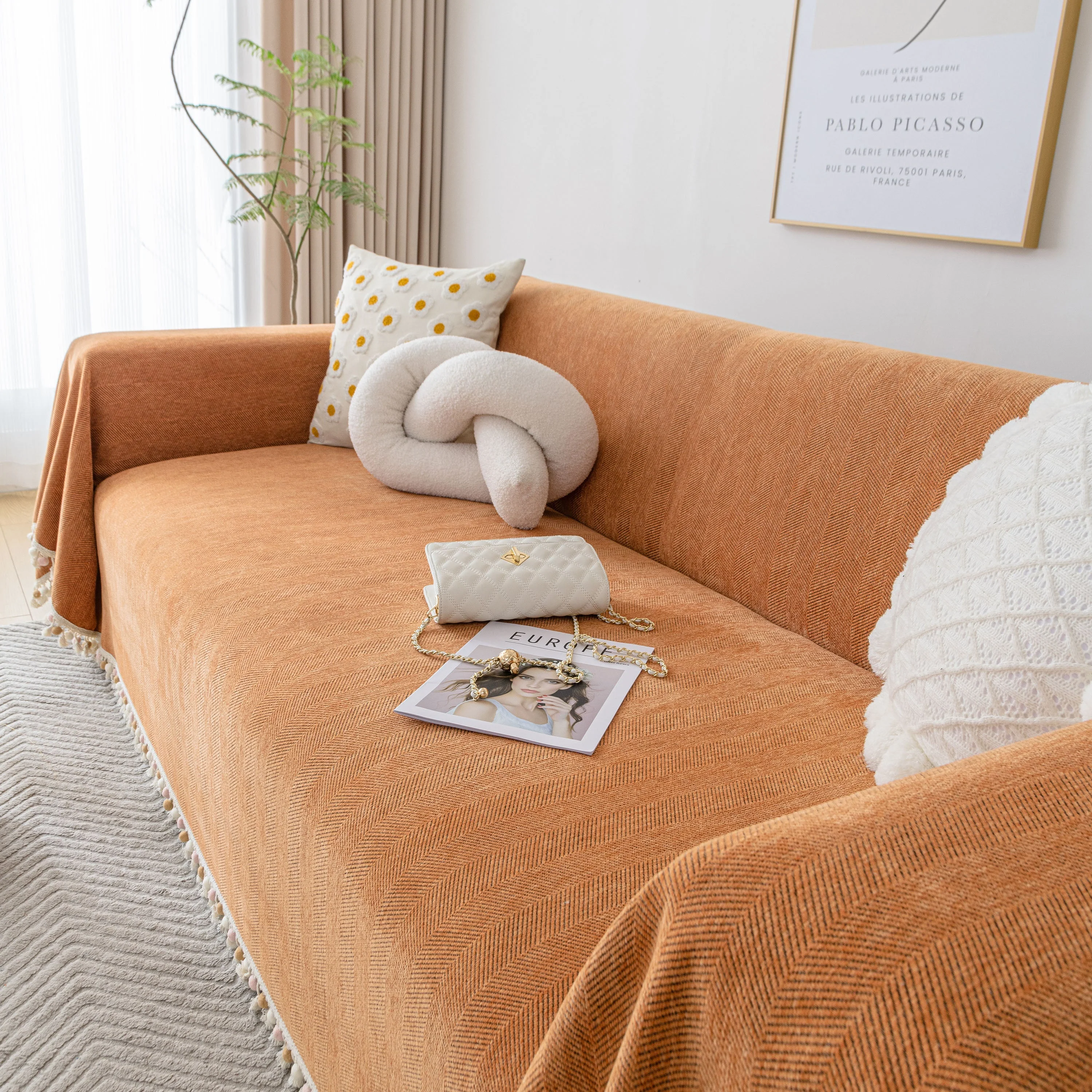 Boho Herringbone Sofa Throw Blanket with Pom Pom Tassels Stylish Furniture Slipcover - Image 8