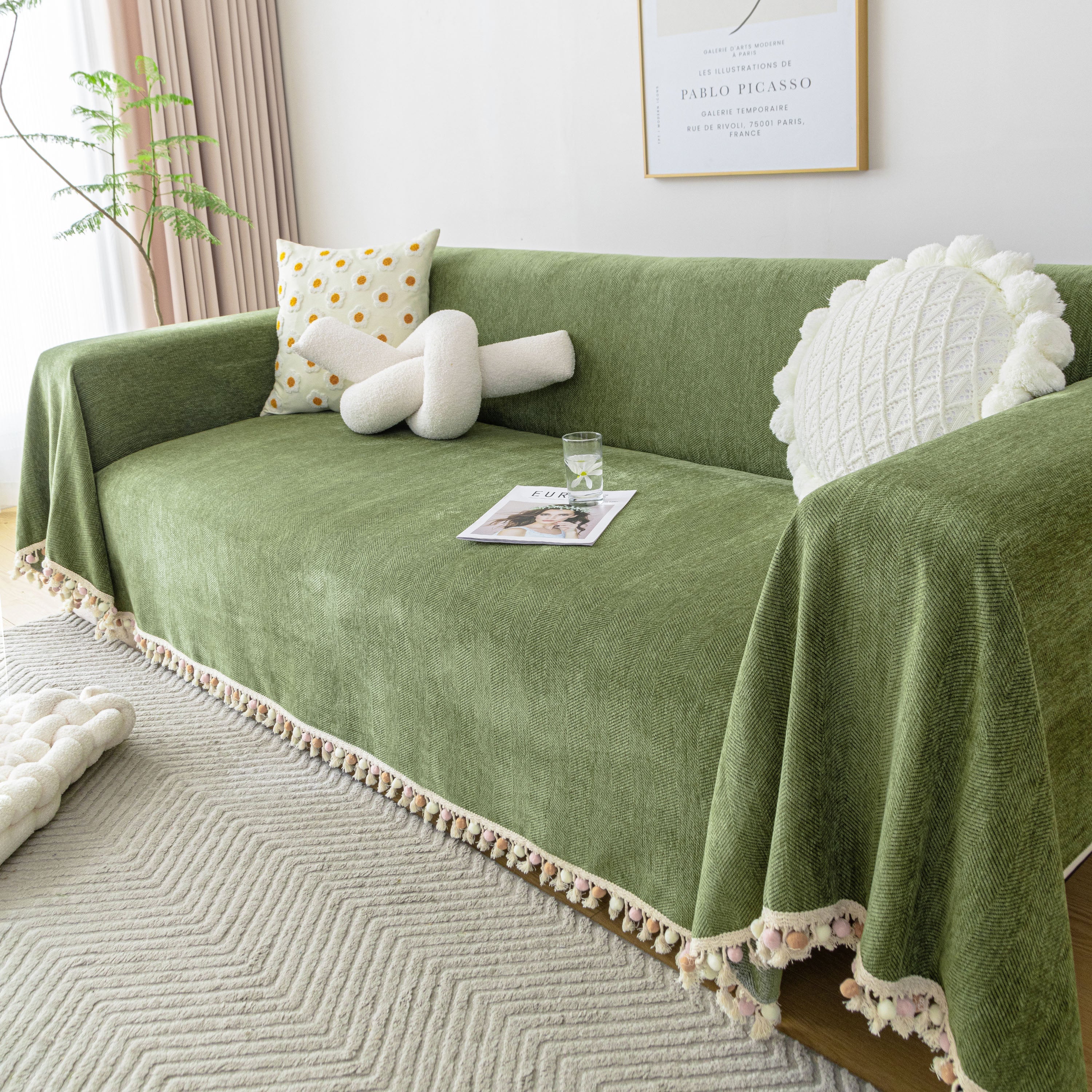 Boho Herringbone Sofa Throw Blanket with Pom Pom Tassels Stylish Furniture Slipcover - Image 80