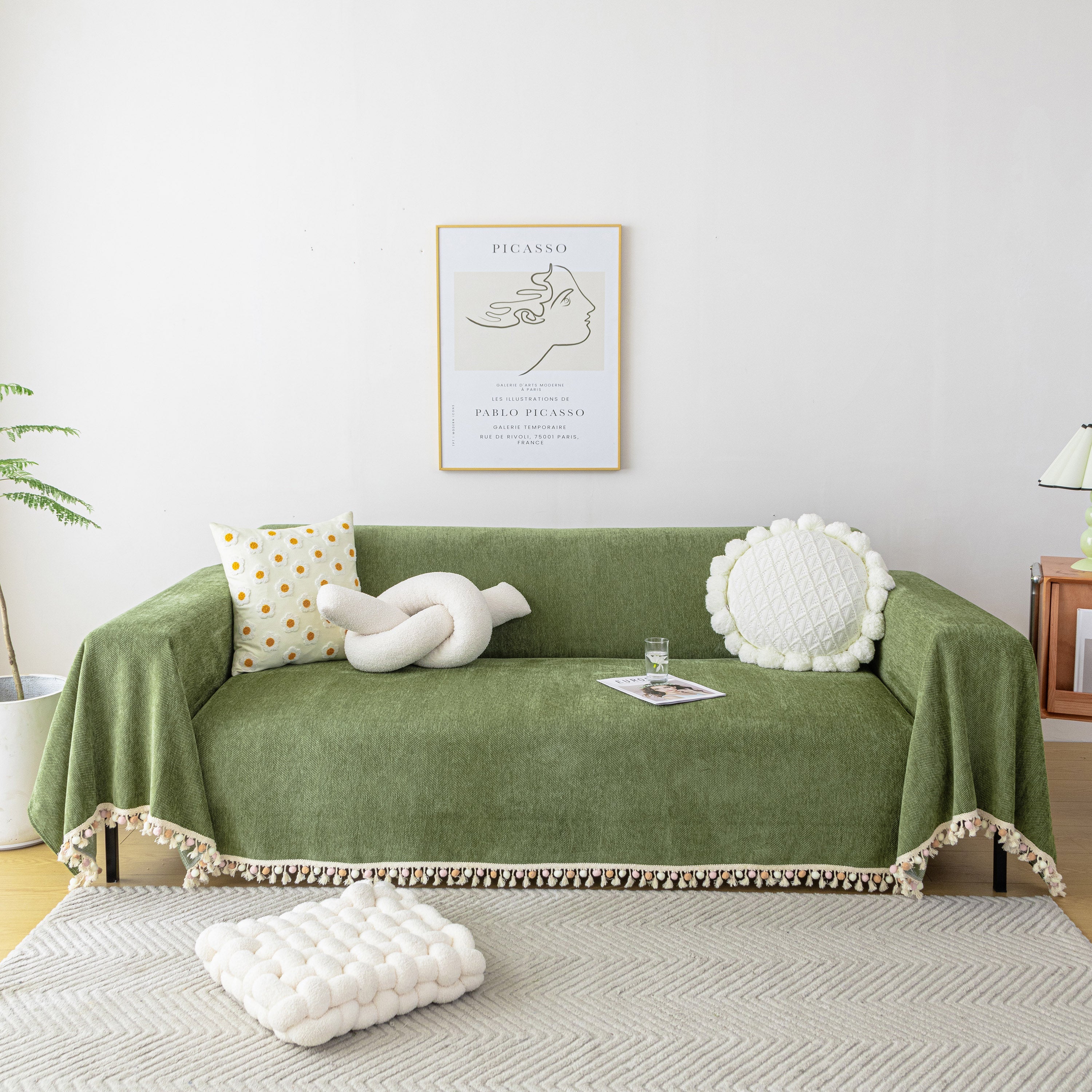 Boho Herringbone Sofa Throw Blanket with Pom Pom Tassels Stylish Furniture Slipcover - Image 81