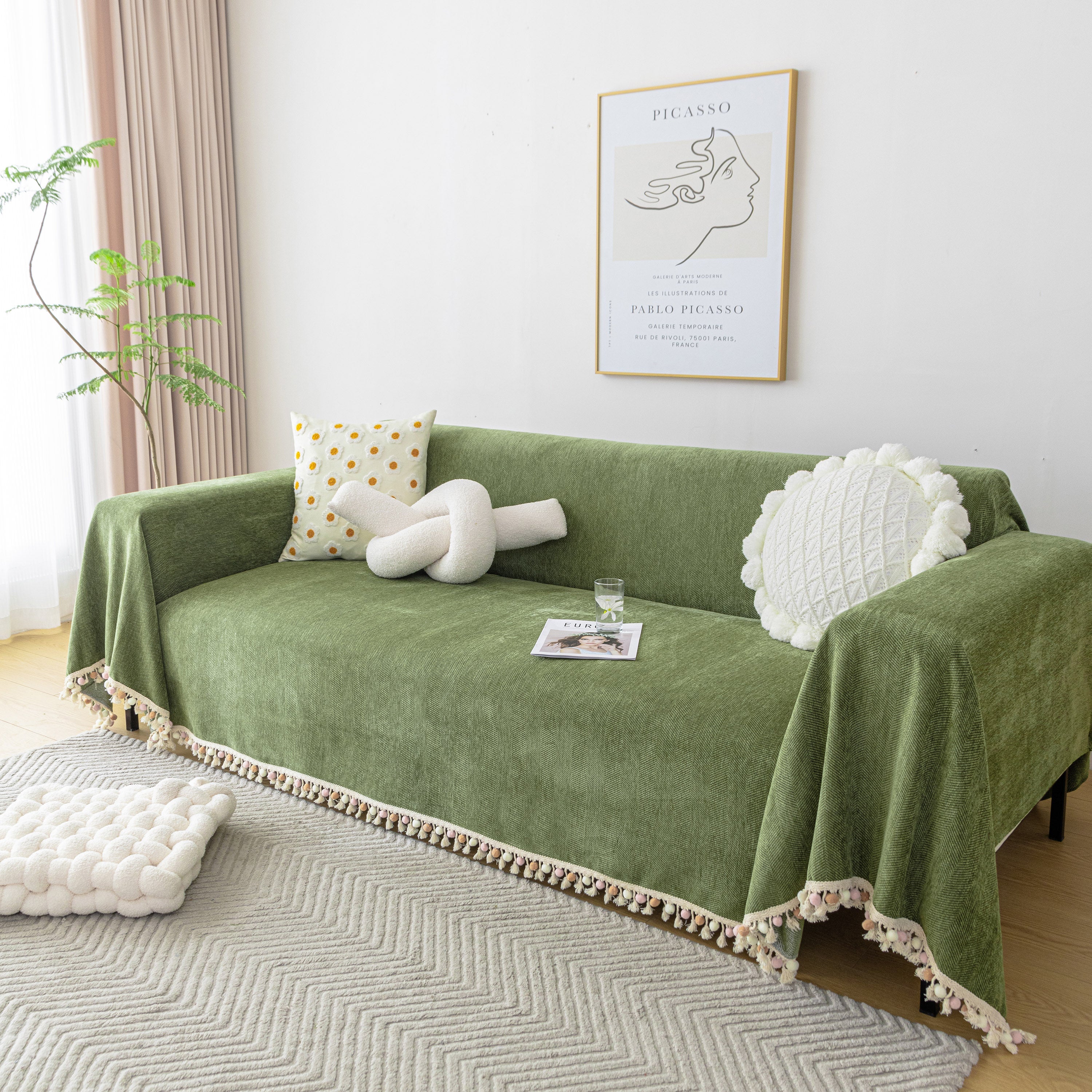 Boho Herringbone Sofa Throw Blanket with Pom Pom Tassels Stylish Furniture Slipcover - Image 82