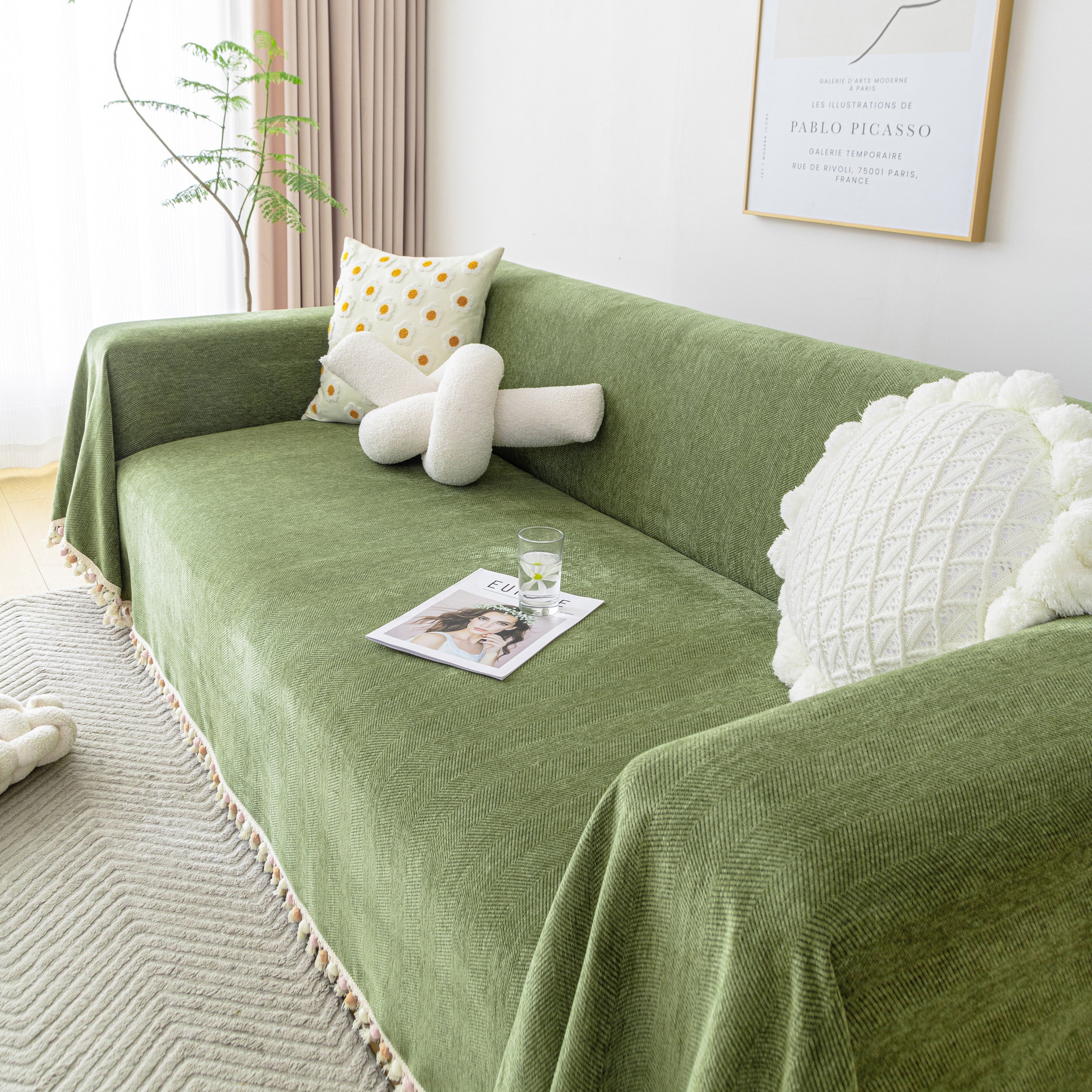 Boho Herringbone Sofa Throw Blanket with Pom Pom Tassels Stylish Furniture Slipcover - Image 83