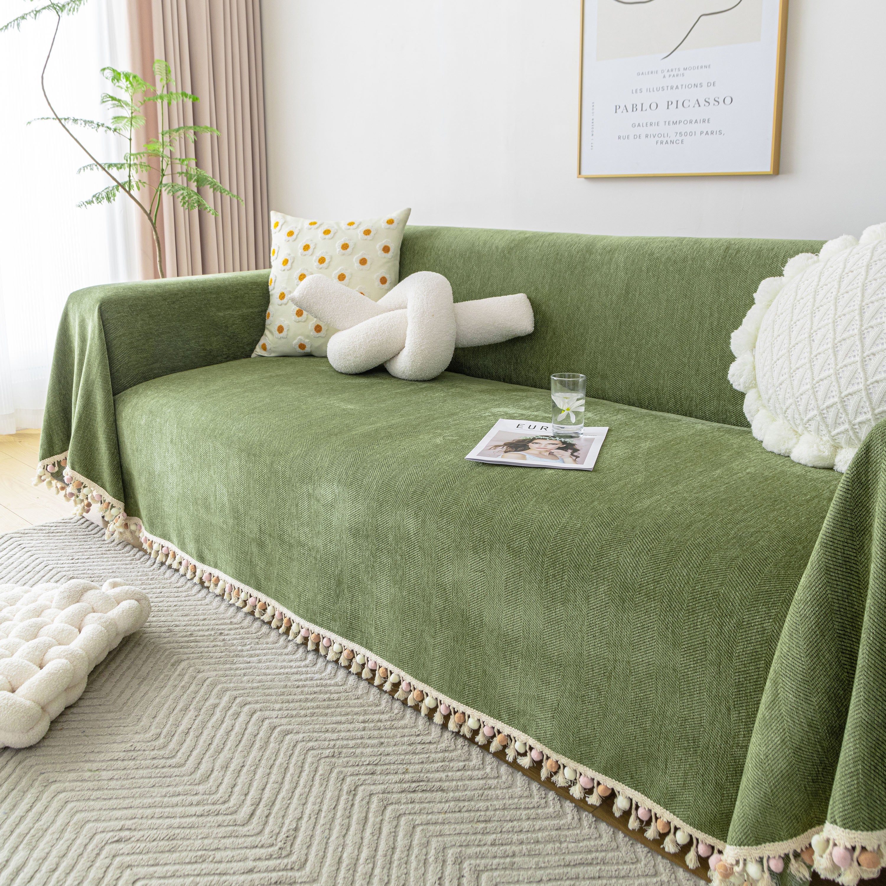 Boho Herringbone Sofa Throw Blanket with Pom Pom Tassels Stylish Furniture Slipcover - Image 84