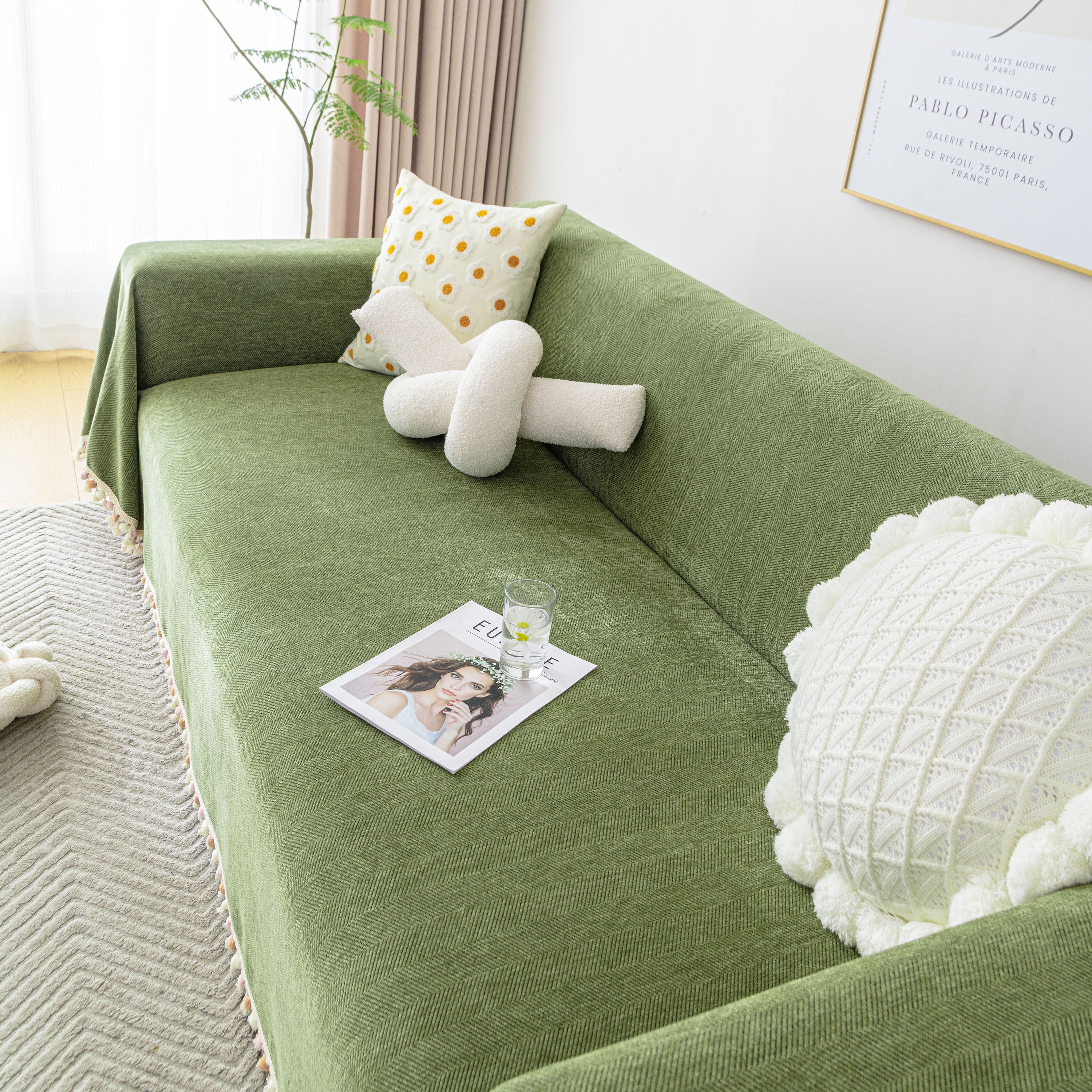 Boho Herringbone Sofa Throw Blanket with Pom Pom Tassels Stylish Furniture Slipcover - Image 85