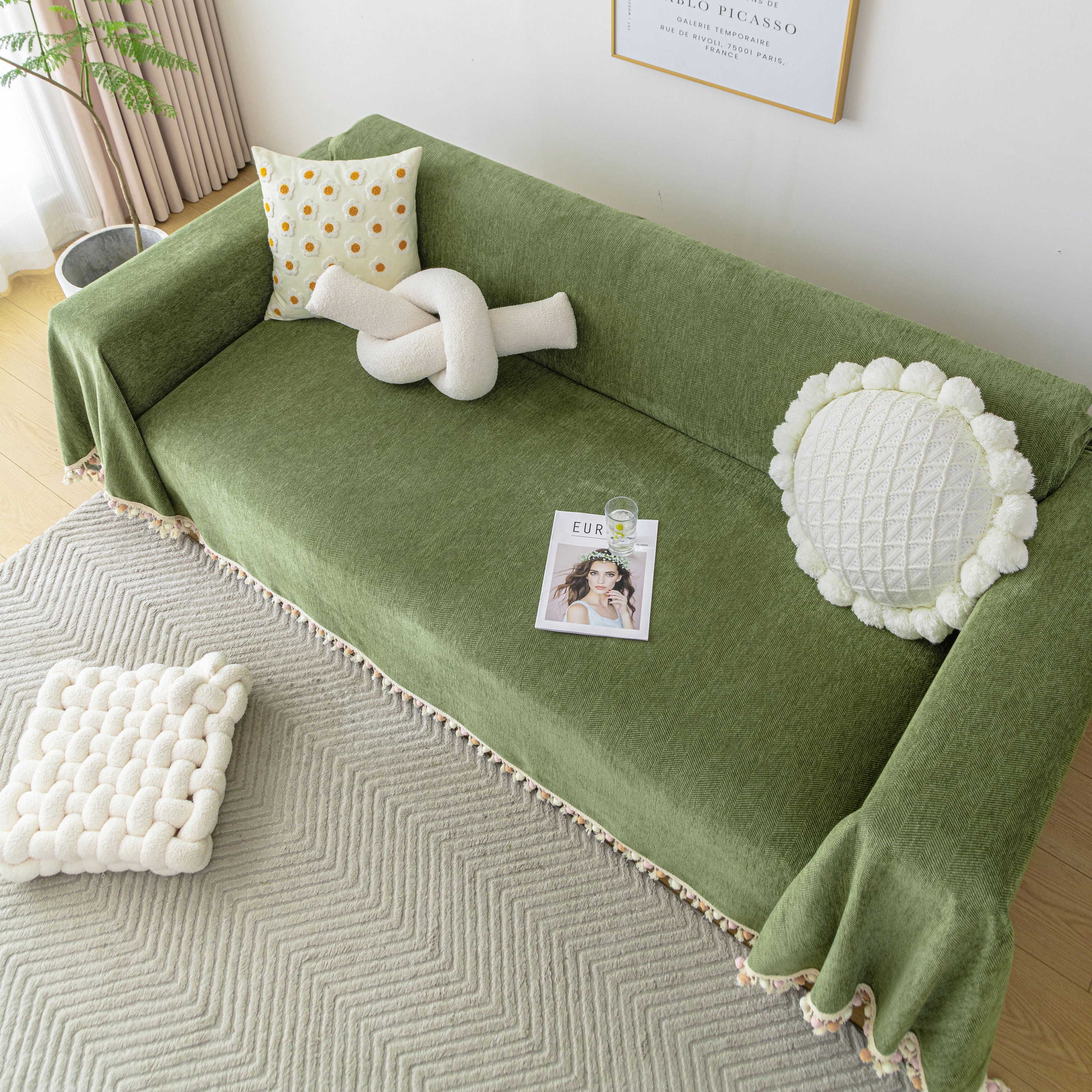 Boho Herringbone Sofa Throw Blanket with Pom Pom Tassels Stylish Furniture Slipcover - Image 86
