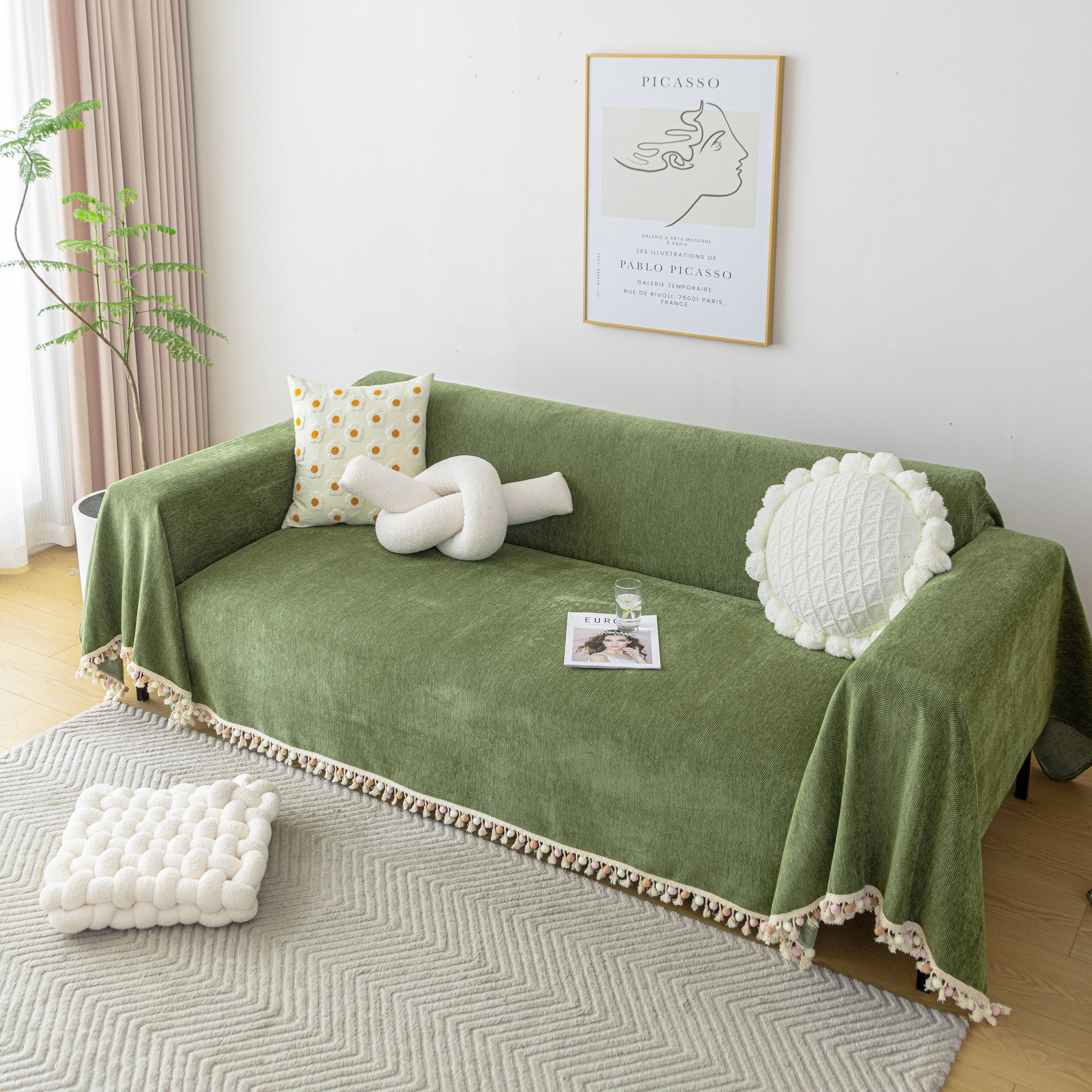 Boho Herringbone Sofa Throw Blanket with Pom Pom Tassels Stylish Furniture Slipcover - Image 87