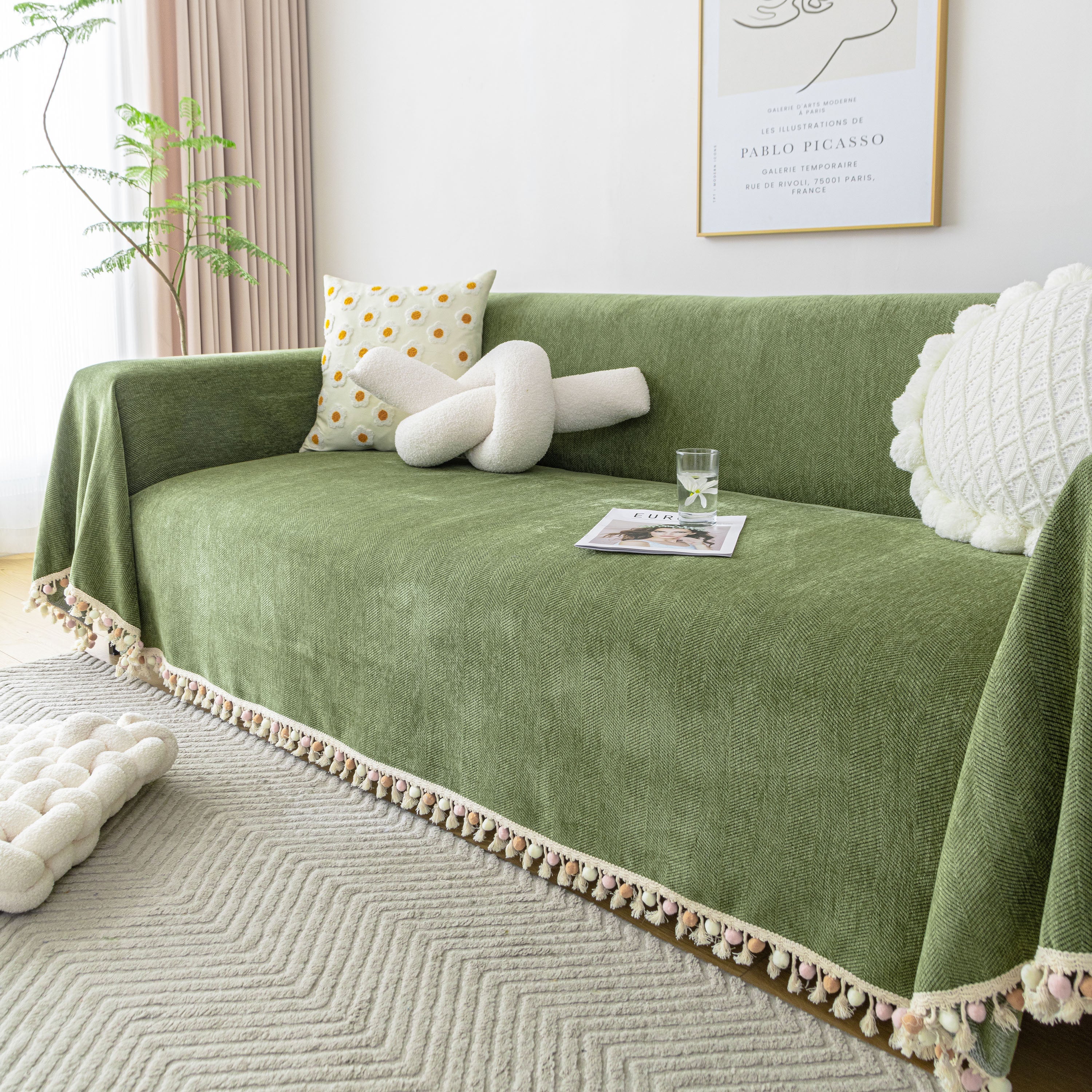 Boho Herringbone Sofa Throw Blanket with Pom Pom Tassels Stylish Furniture Slipcover - Image 88