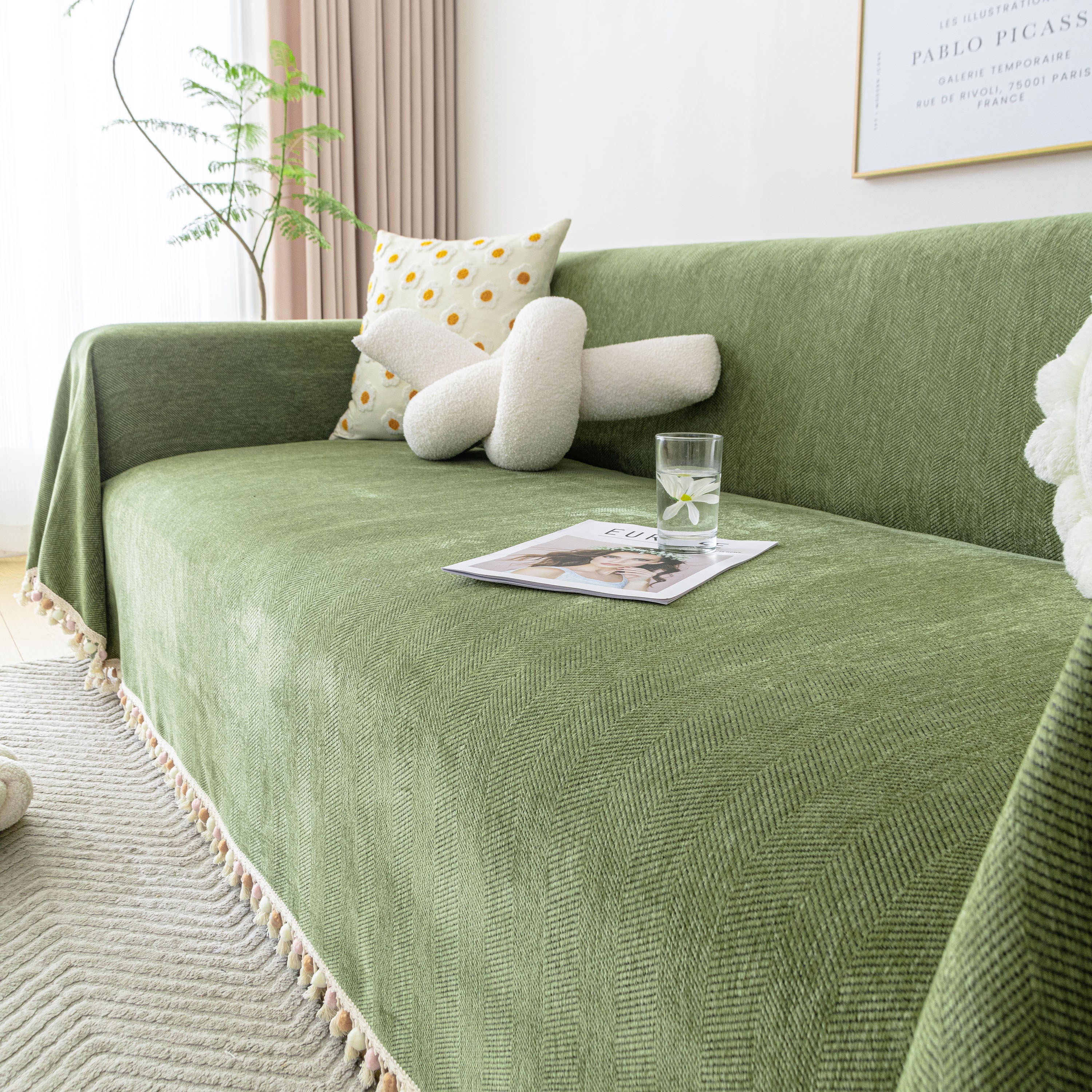 Boho Herringbone Sofa Throw Blanket with Pom Pom Tassels Stylish Furniture Slipcover - Image 89