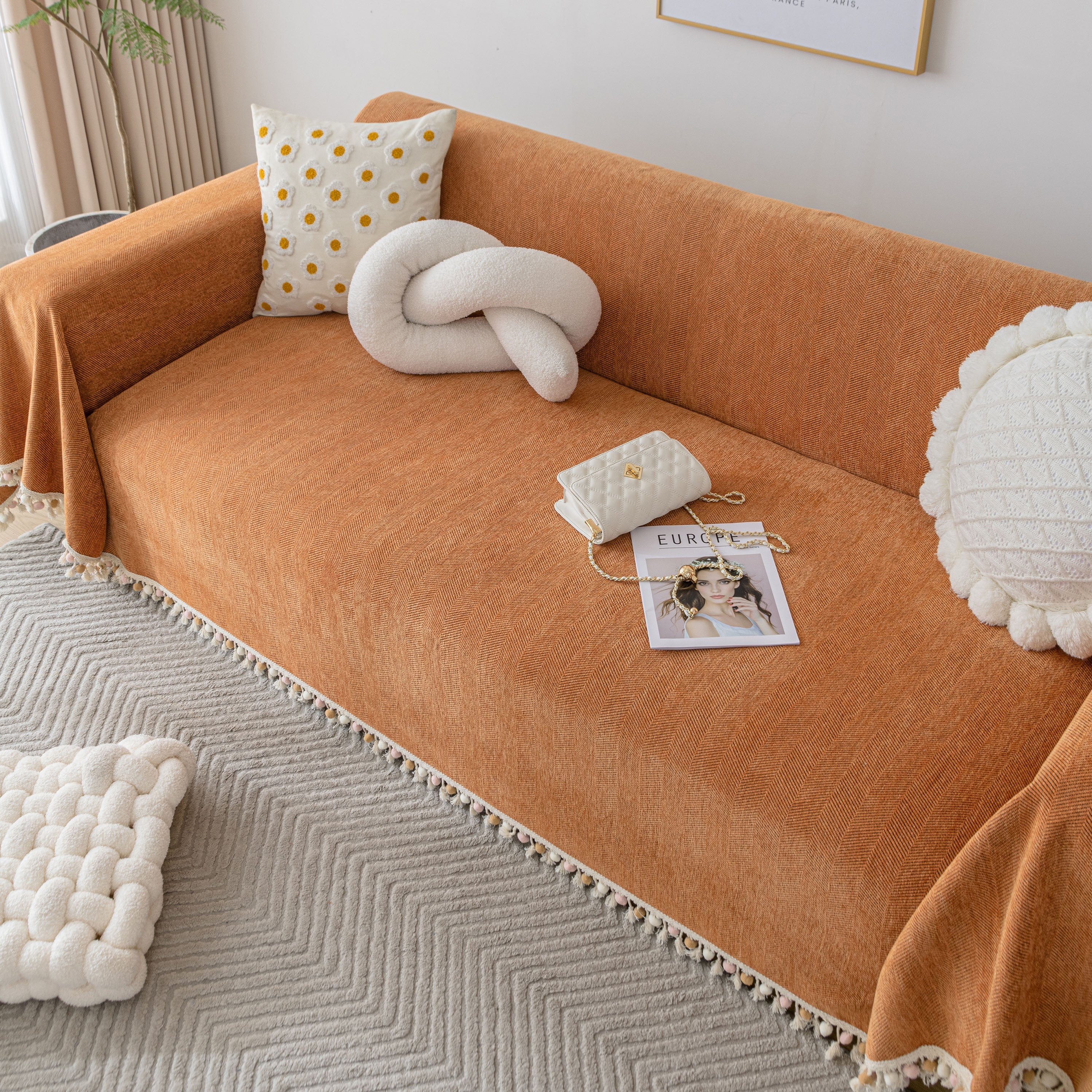 Boho Herringbone Sofa Throw Blanket with Pom Pom Tassels Stylish Furniture Slipcover - Image 9