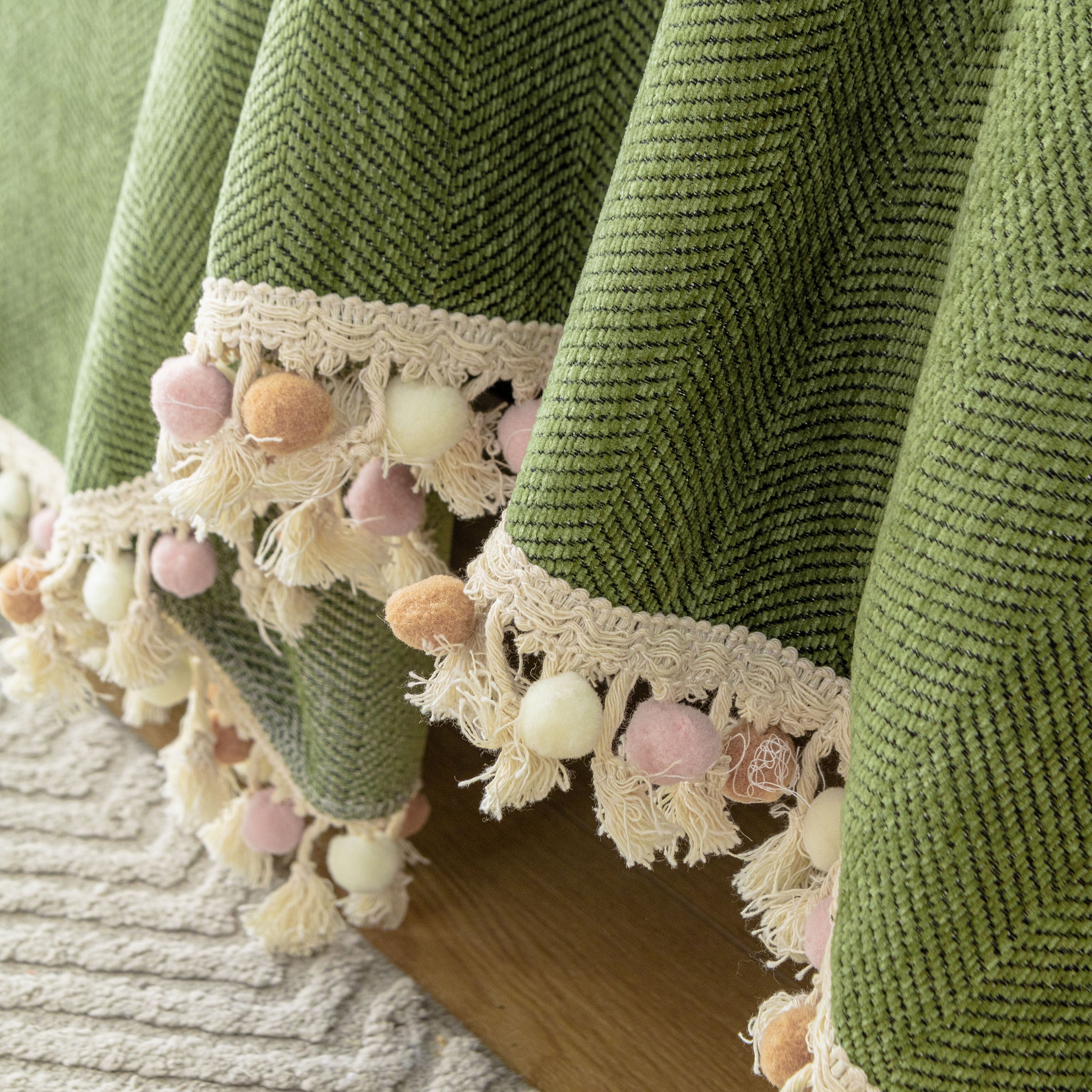Boho Herringbone Sofa Throw Blanket with Pom Pom Tassels Stylish Furniture Slipcover - Image 90
