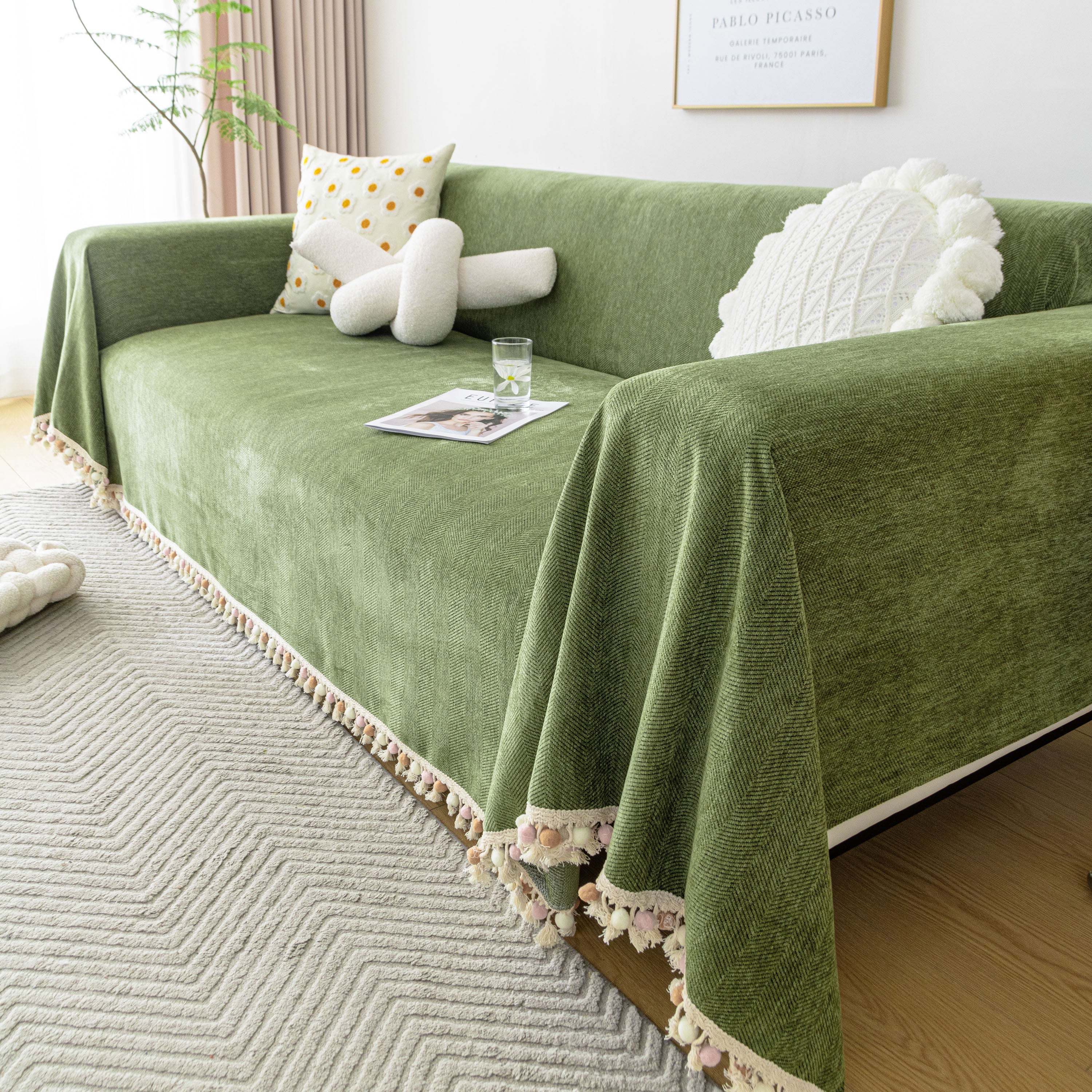 Boho Herringbone Sofa Throw Blanket with Pom Pom Tassels Stylish Furniture Slipcover - Image 91