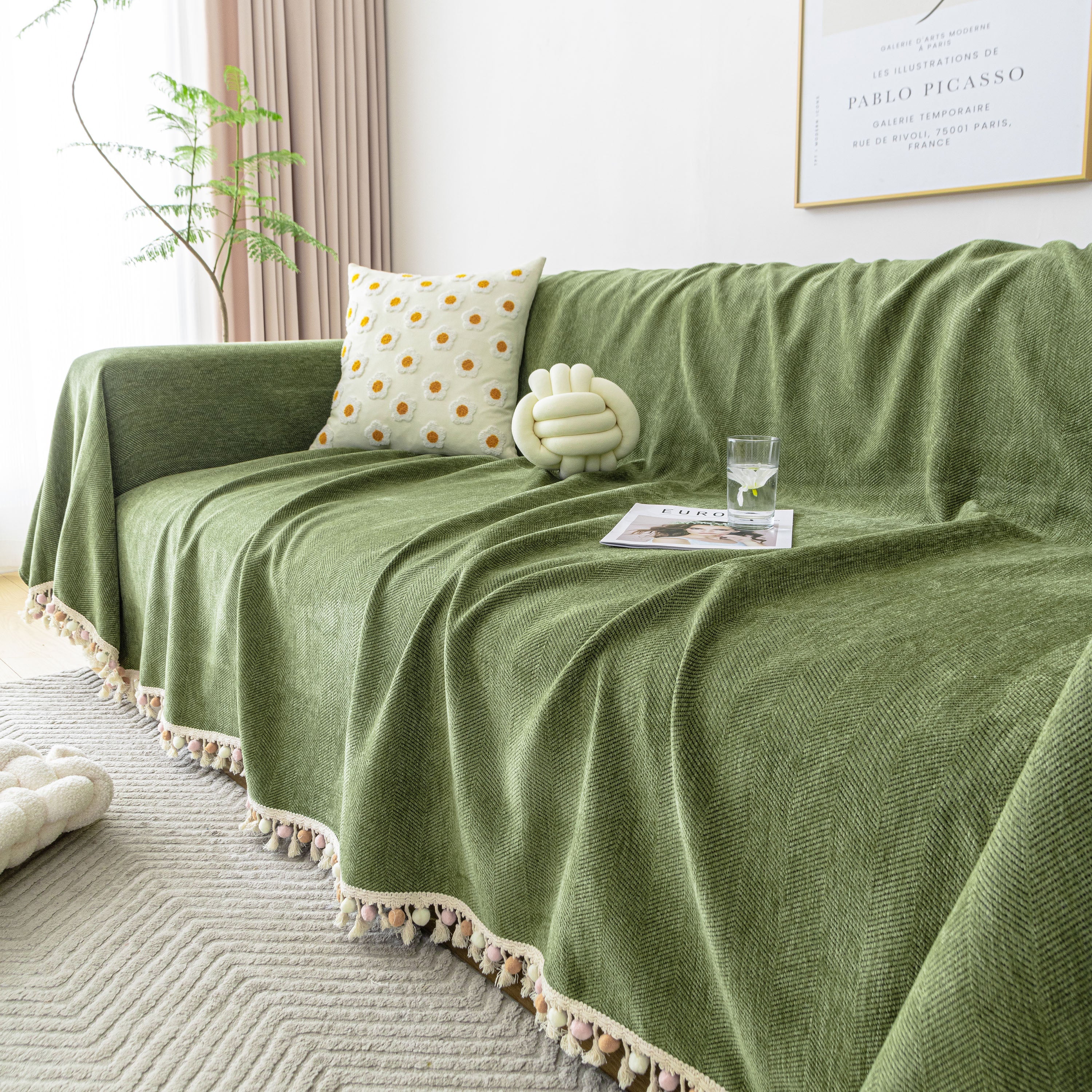 Boho Herringbone Sofa Throw Blanket with Pom Pom Tassels Stylish Furniture Slipcover - Image 92