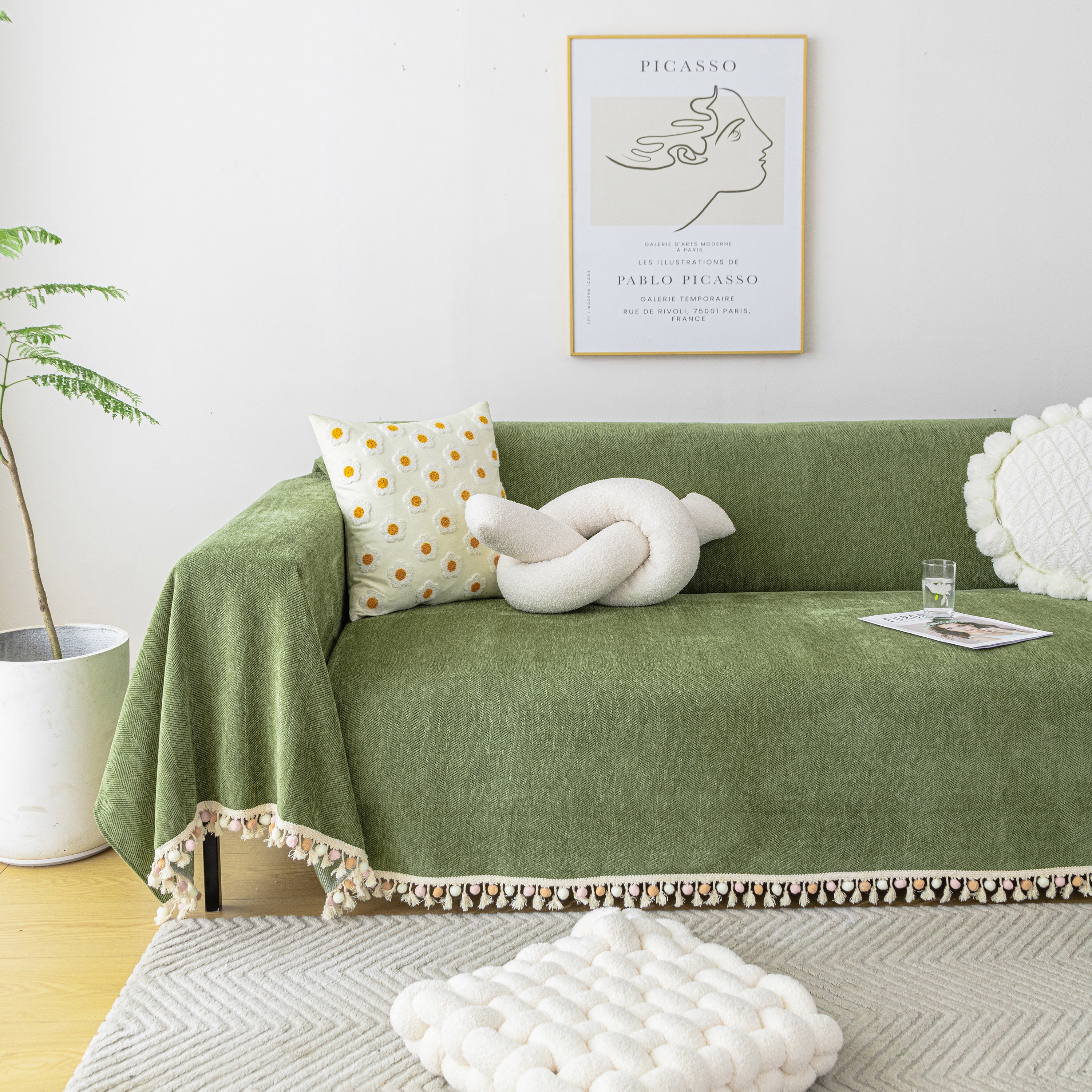 Boho Herringbone Sofa Throw Blanket with Pom Pom Tassels Stylish Furniture Slipcover - Image 95