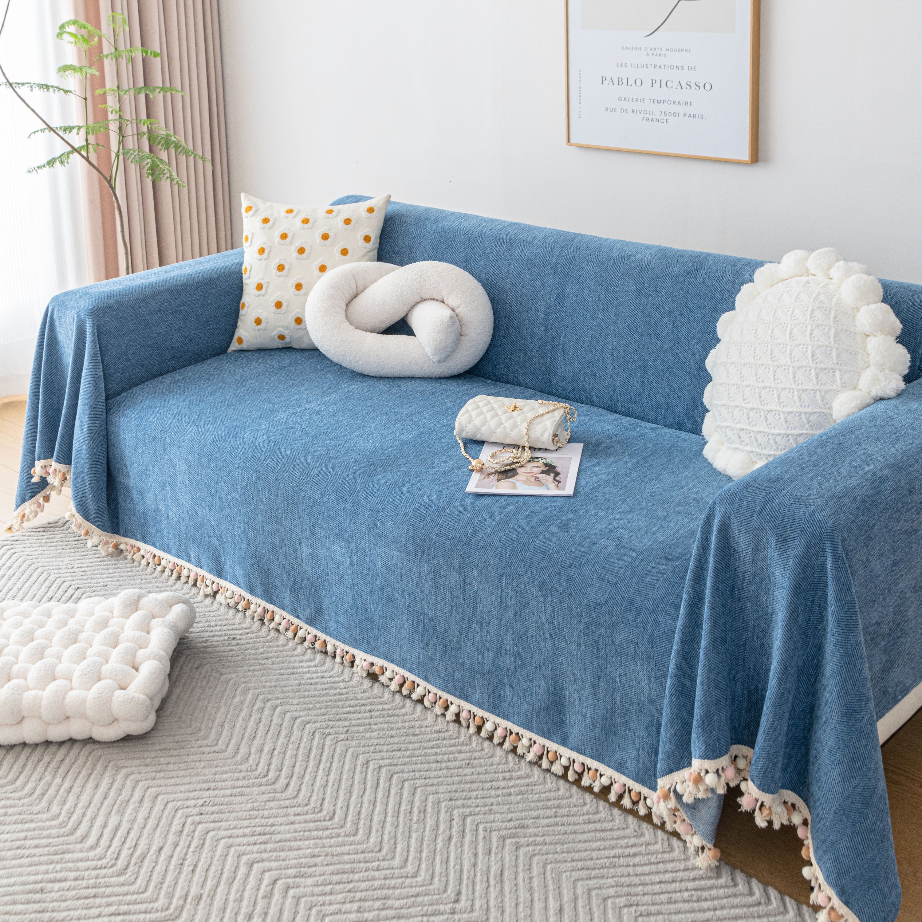 Boho Herringbone Sofa Throw Blanket with Pom Pom Tassels Stylish Furniture Slipcover - Image 96
