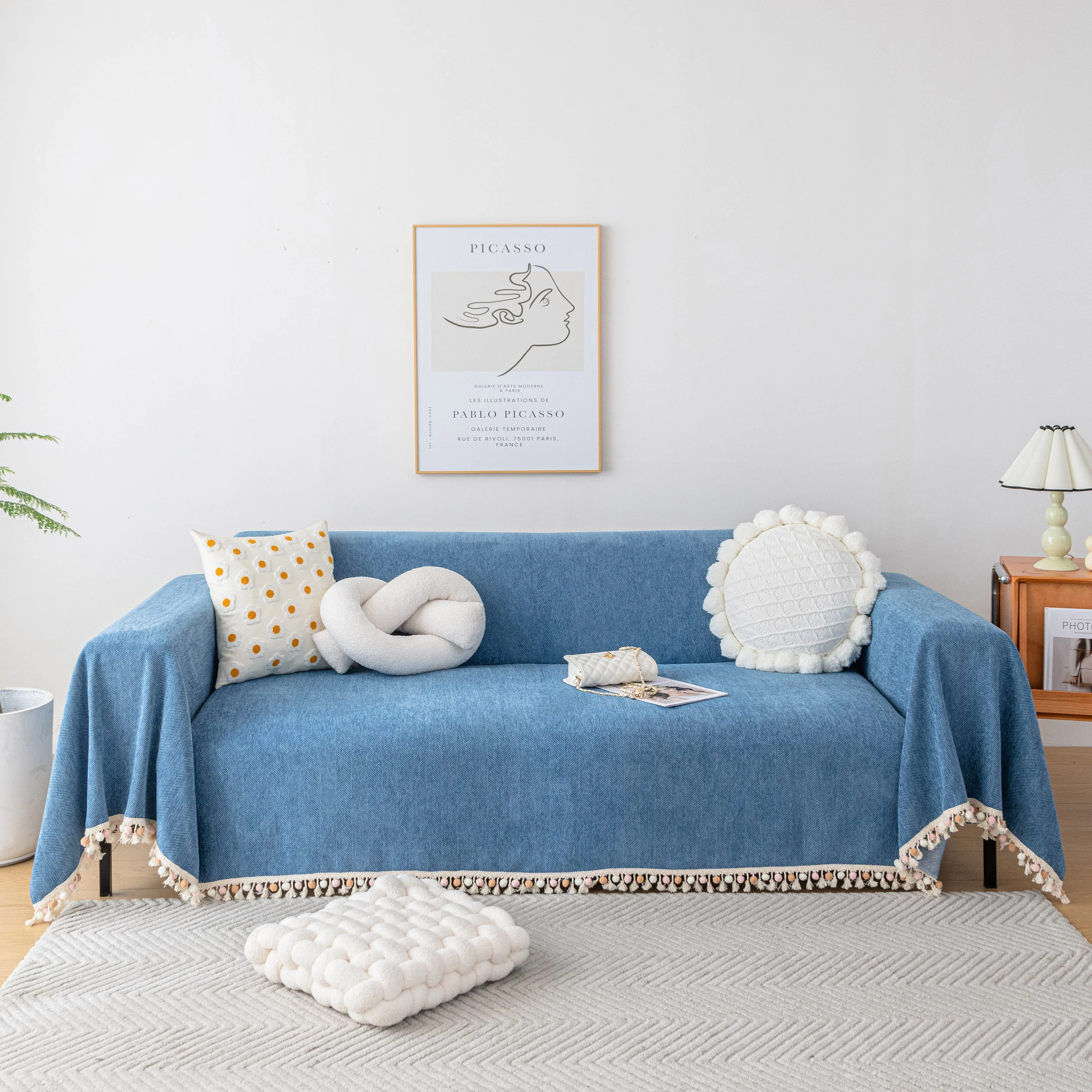Boho Herringbone Sofa Throw Blanket with Pom Pom Tassels Stylish Furniture Slipcover - Image 97