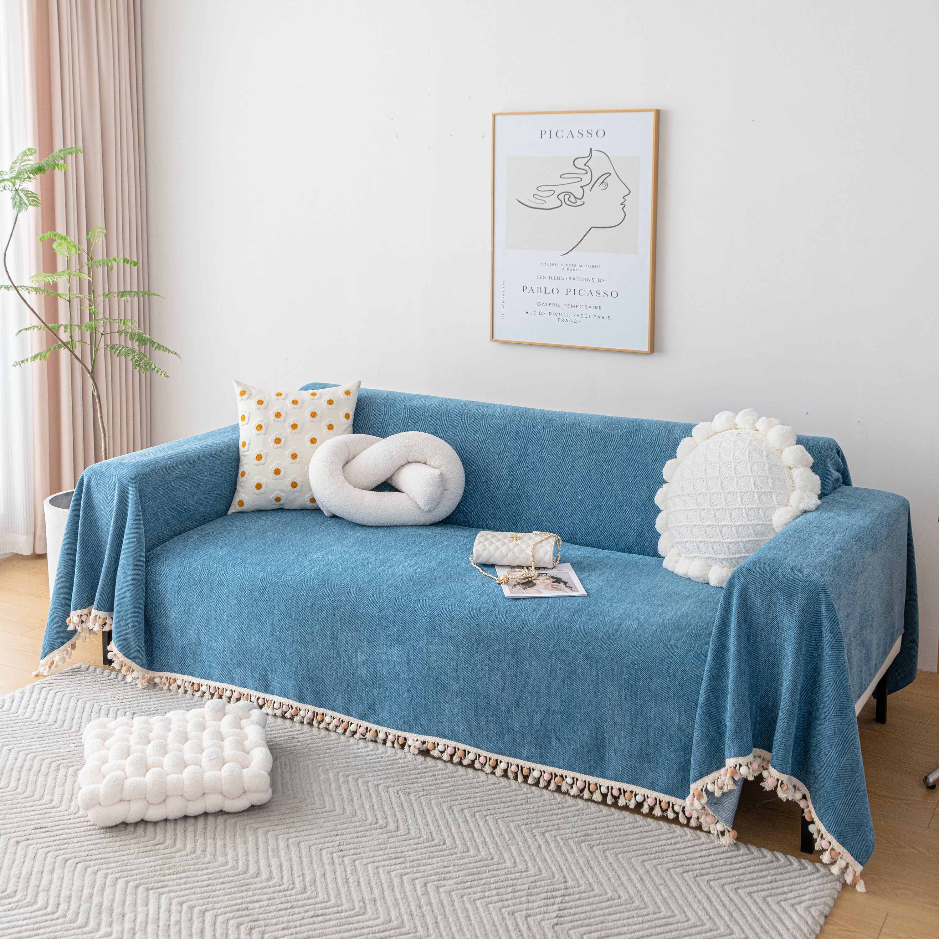 Boho Herringbone Sofa Throw Blanket with Pom Pom Tassels Stylish Furniture Slipcover - Image 98