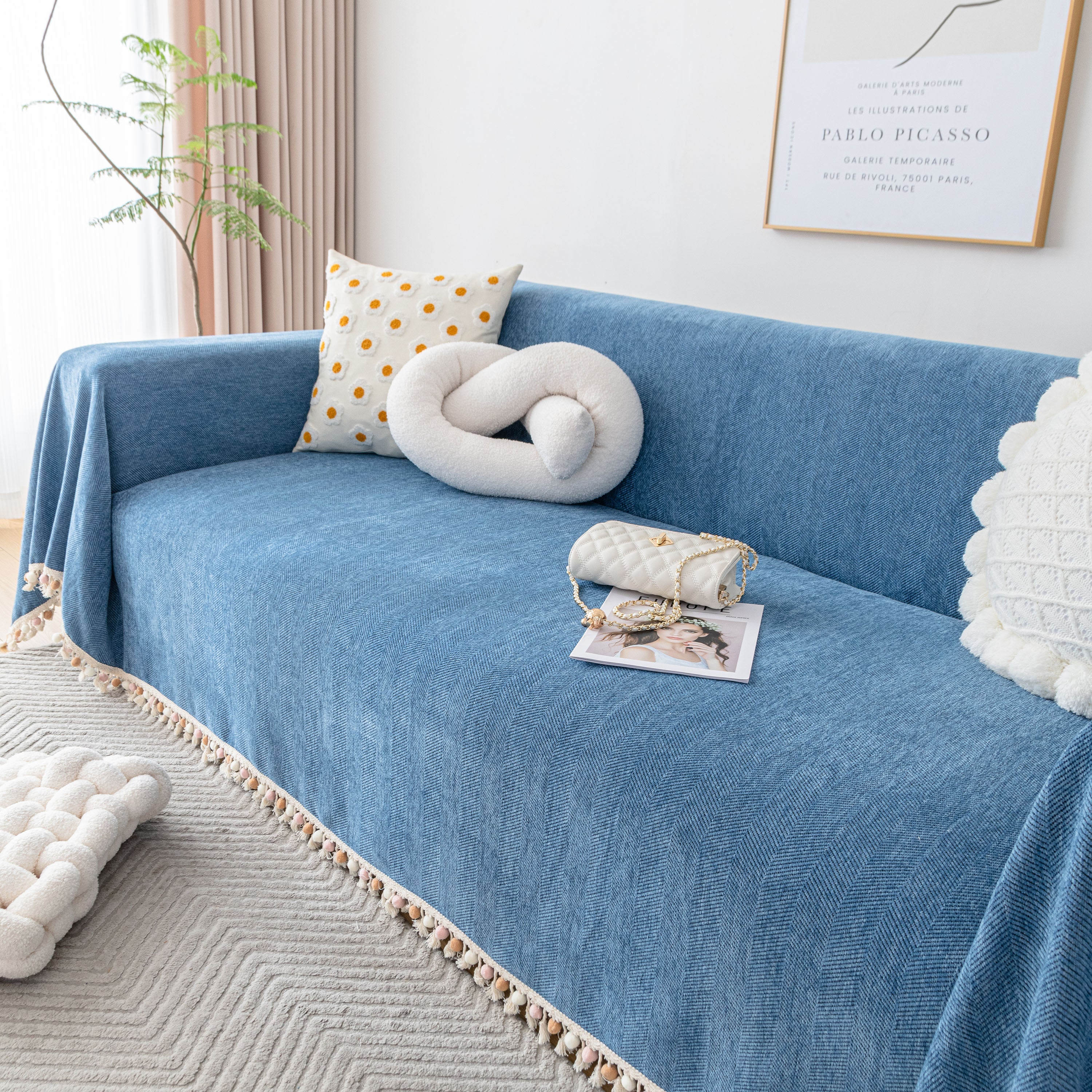 Boho Herringbone Sofa Throw Blanket with Pom Pom Tassels Stylish Furniture Slipcover - Image 99