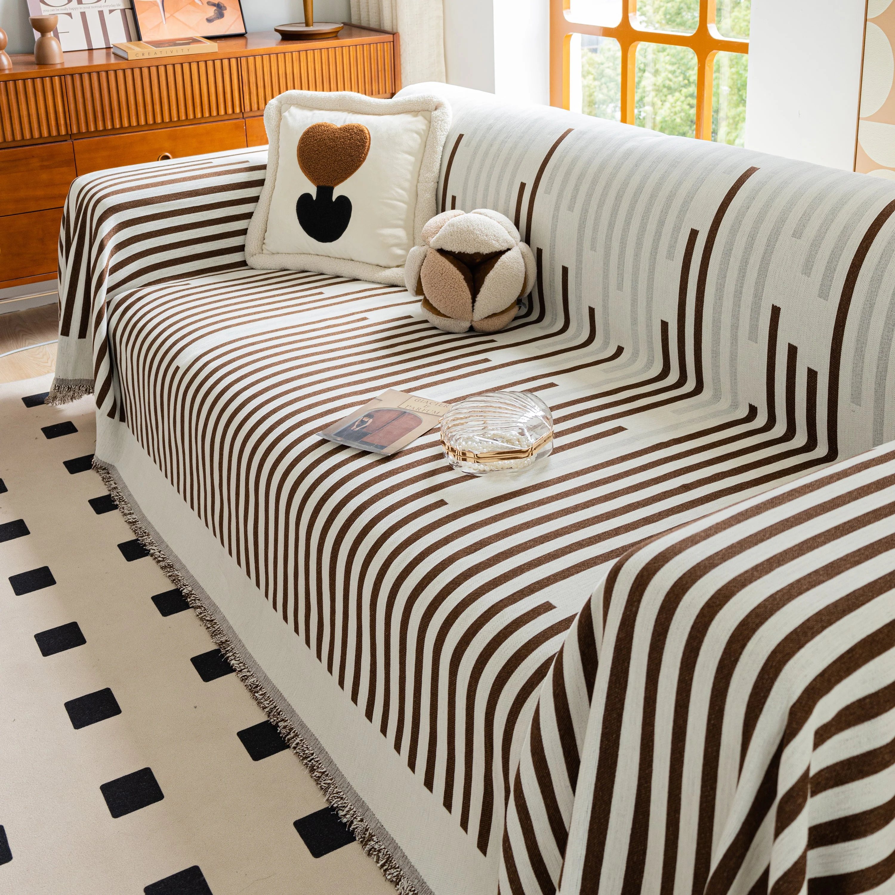 Boho Stripe Sectional Couch Cover Soft Chenille Sofa Slipcovers Blanket on The Sofa for Living Room - Image 45