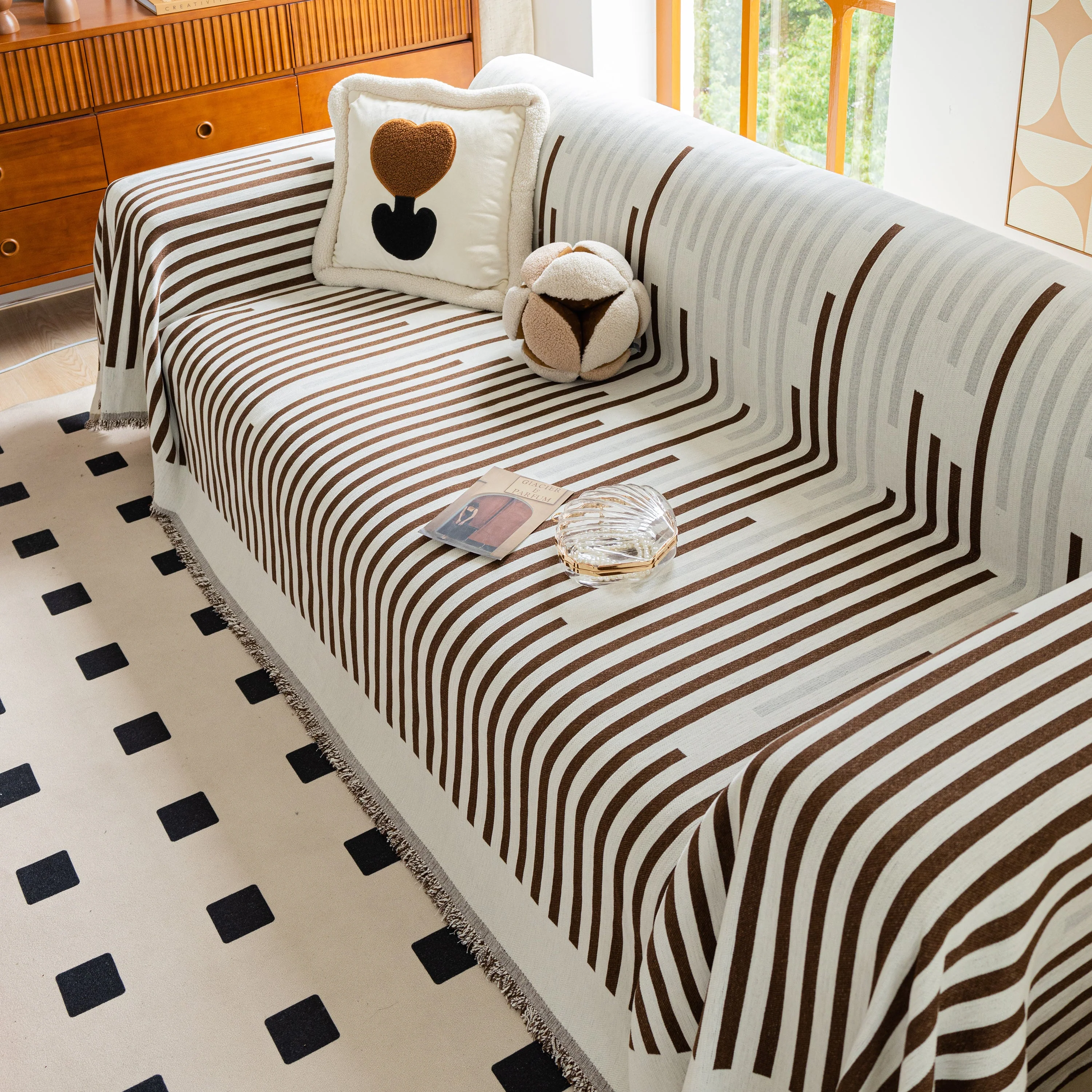 Boho Stripe Sectional Couch Cover Soft Chenille Sofa Slipcovers Blanket on The Sofa for Living Room - Image 46