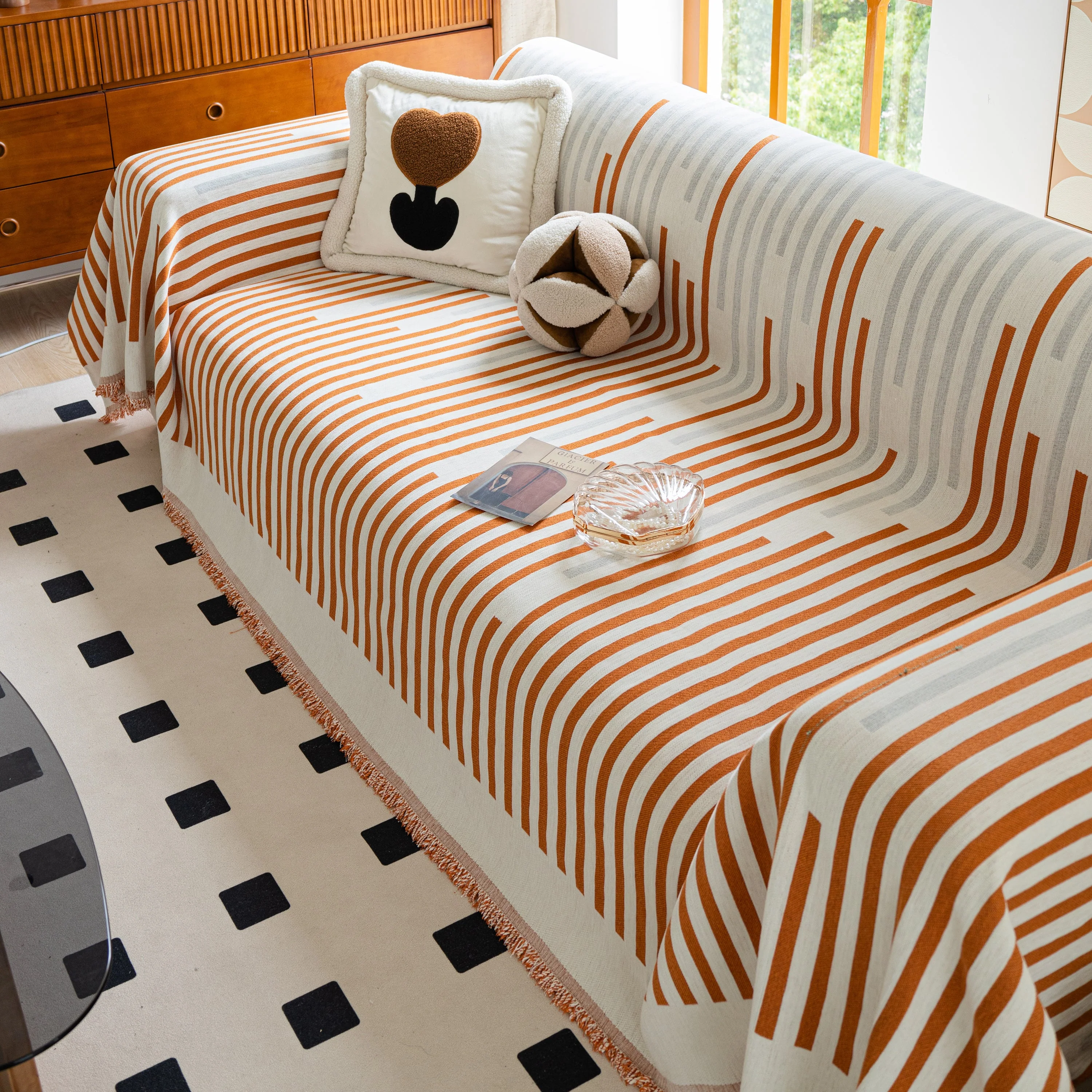 Boho Stripe Sectional Couch Cover Soft Chenille Sofa Slipcovers Blanket on The Sofa for Living Room - Image 89