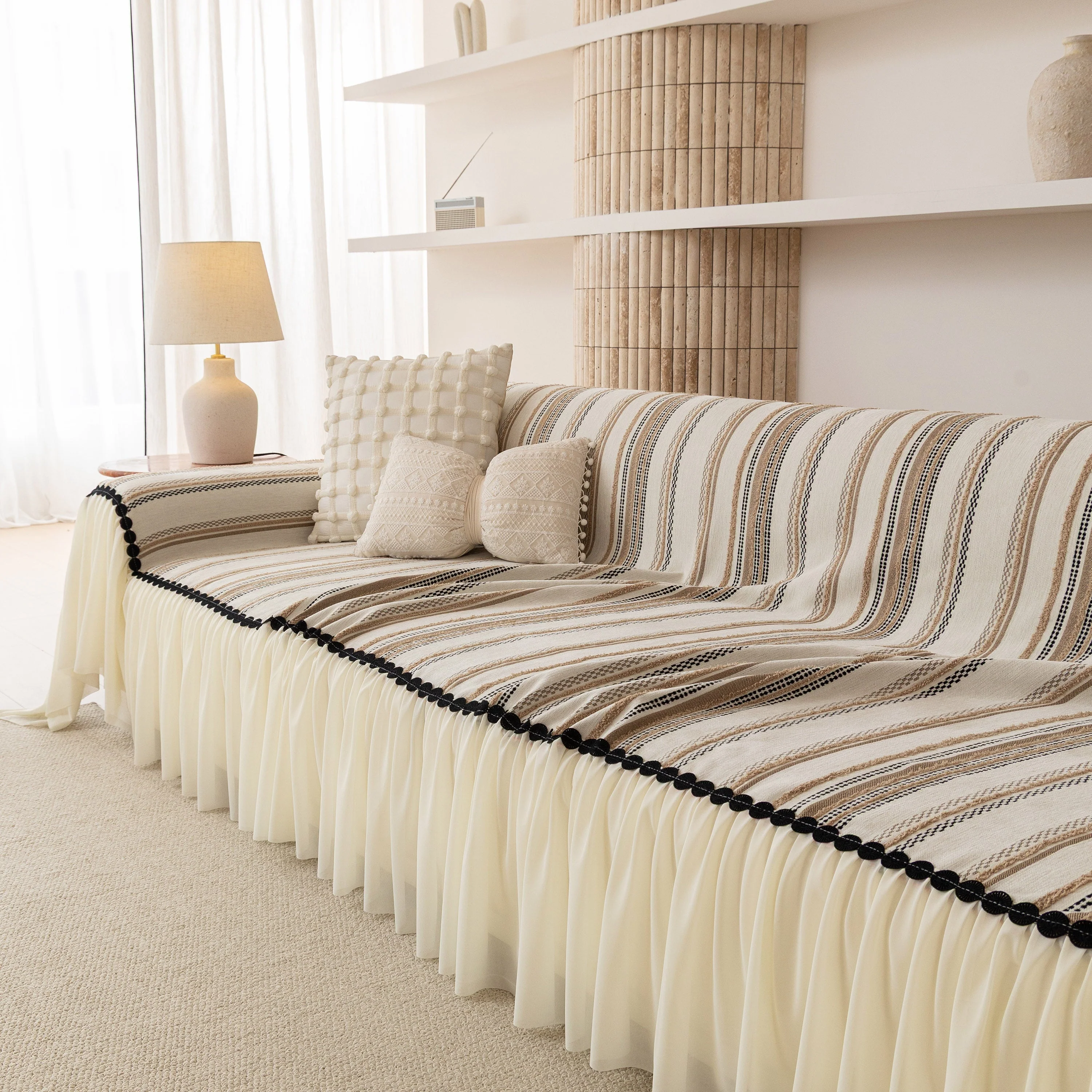 Boho Striped Couch Cover with Sheer Ruffle Skirt, Decorative Couch Throw Blanket - Image 10