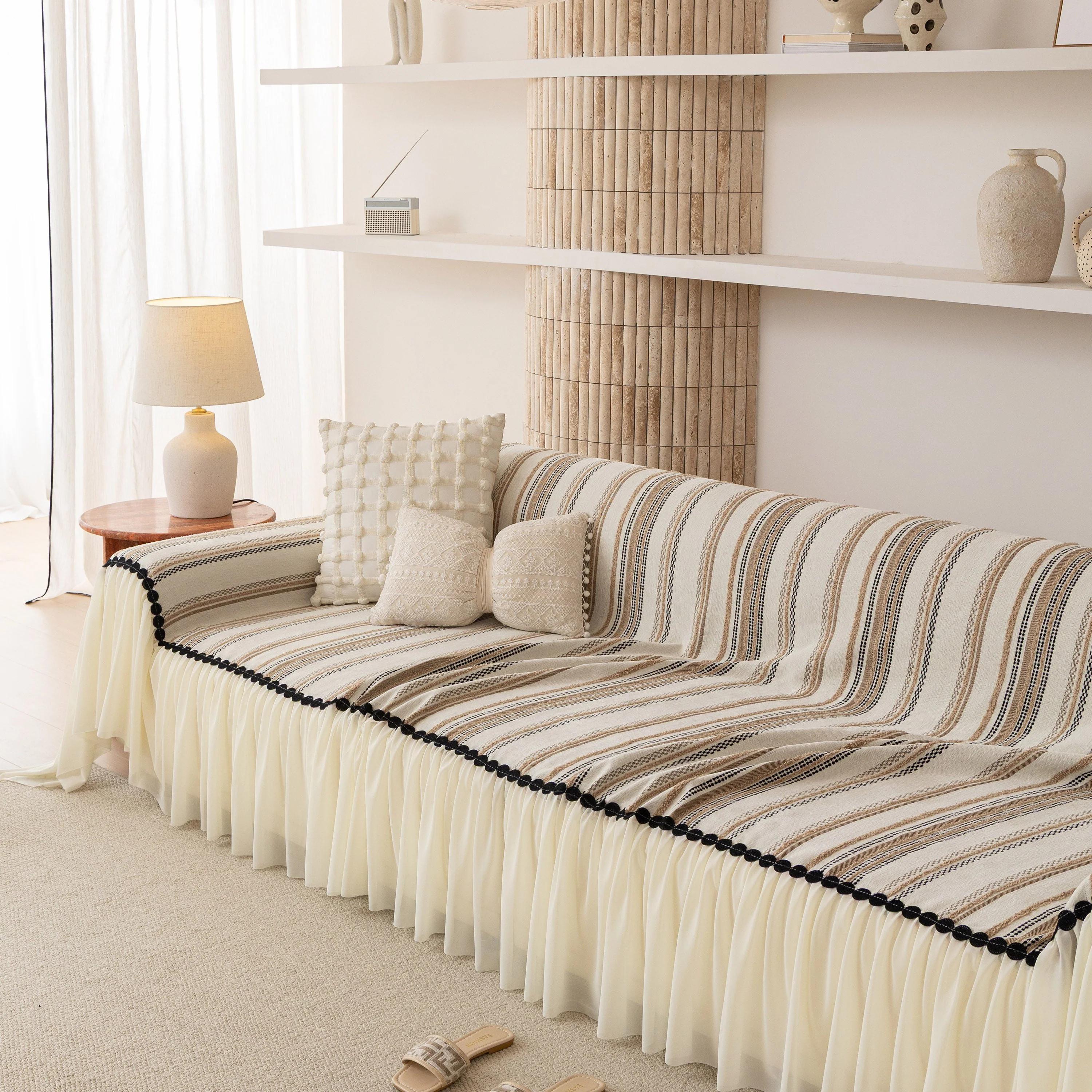 Boho Striped Couch Cover with Sheer Ruffle Skirt, Decorative Couch Throw Blanket - Image 11