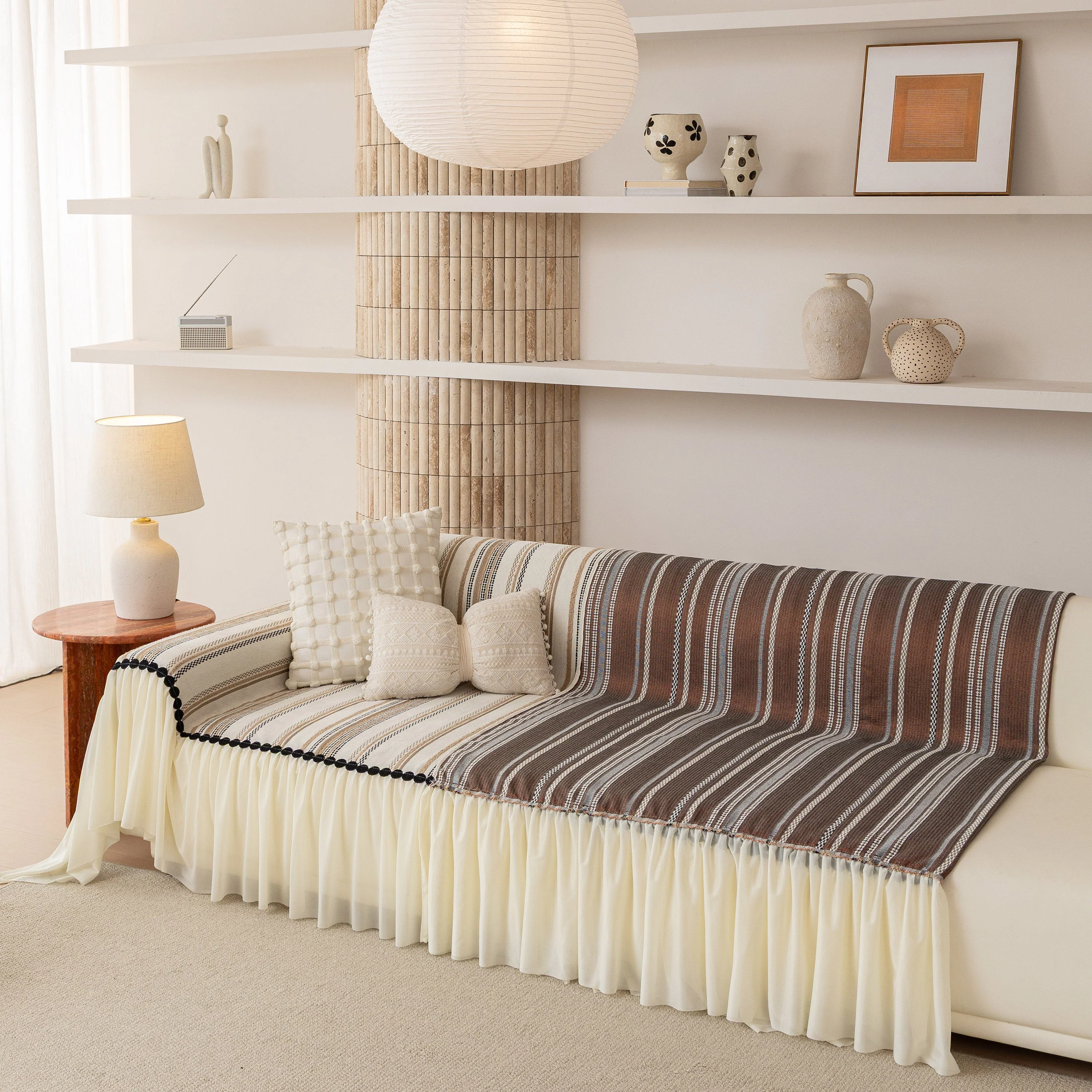 Boho Striped Couch Cover with Sheer Ruffle Skirt, Decorative Couch Throw Blanket - Image 12