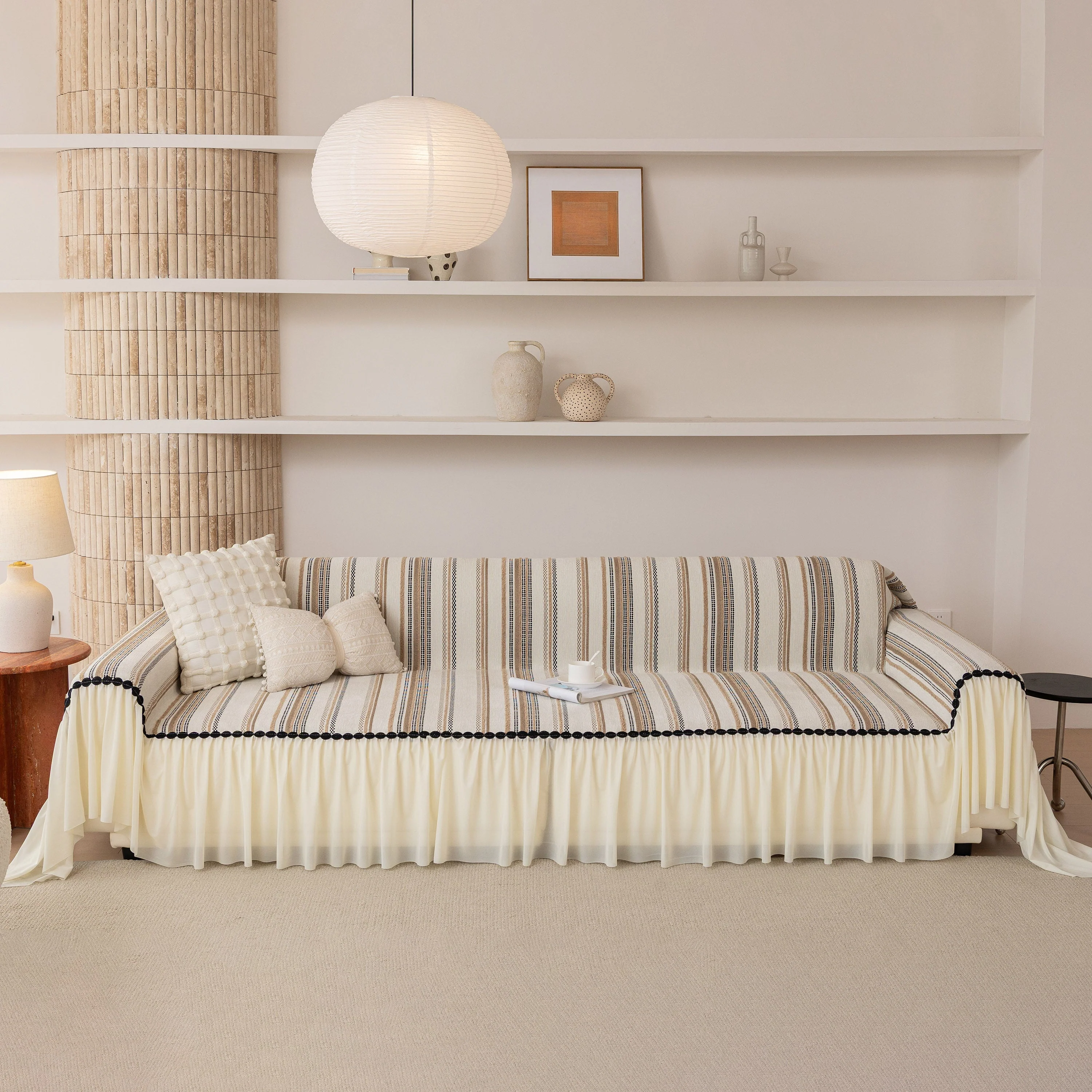 Boho Striped Couch Cover with Sheer Ruffle Skirt, Decorative Couch Throw Blanket - Image 17