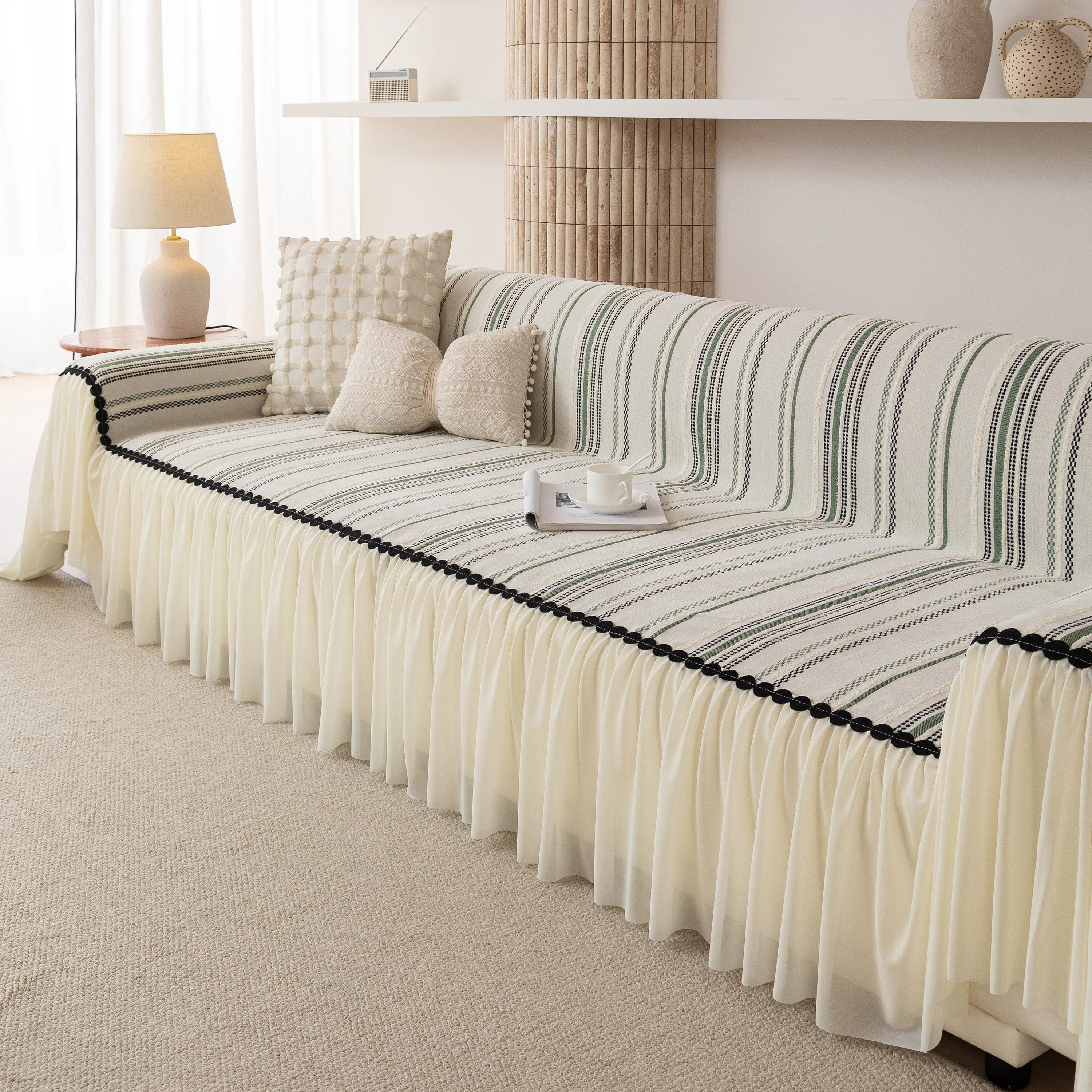 Boho Striped Couch Cover with Sheer Ruffle Skirt, Decorative Couch Throw Blanket - Image 18