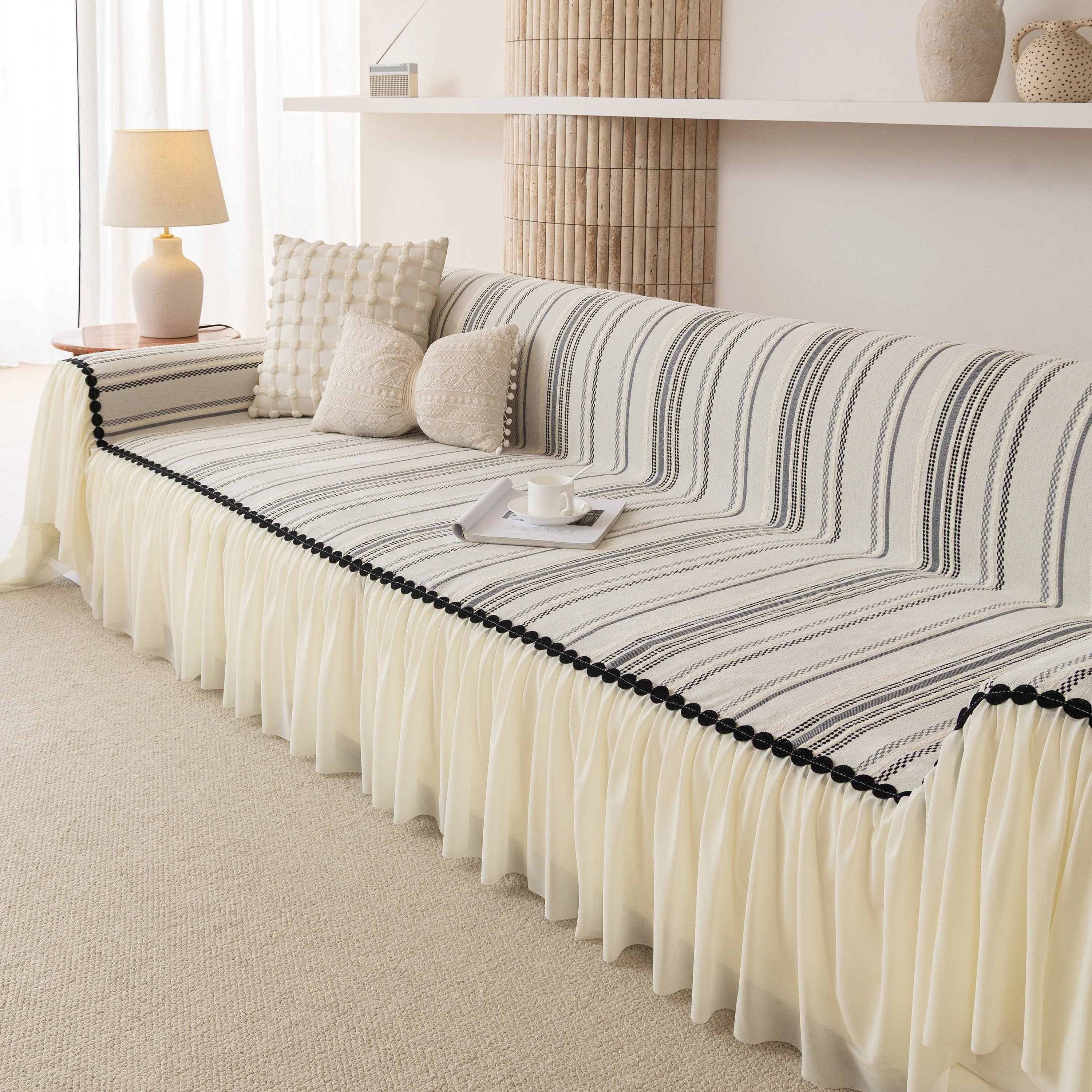 Boho Striped Couch Cover with Sheer Ruffle Skirt, Decorative Couch Throw Blanket - Image 19