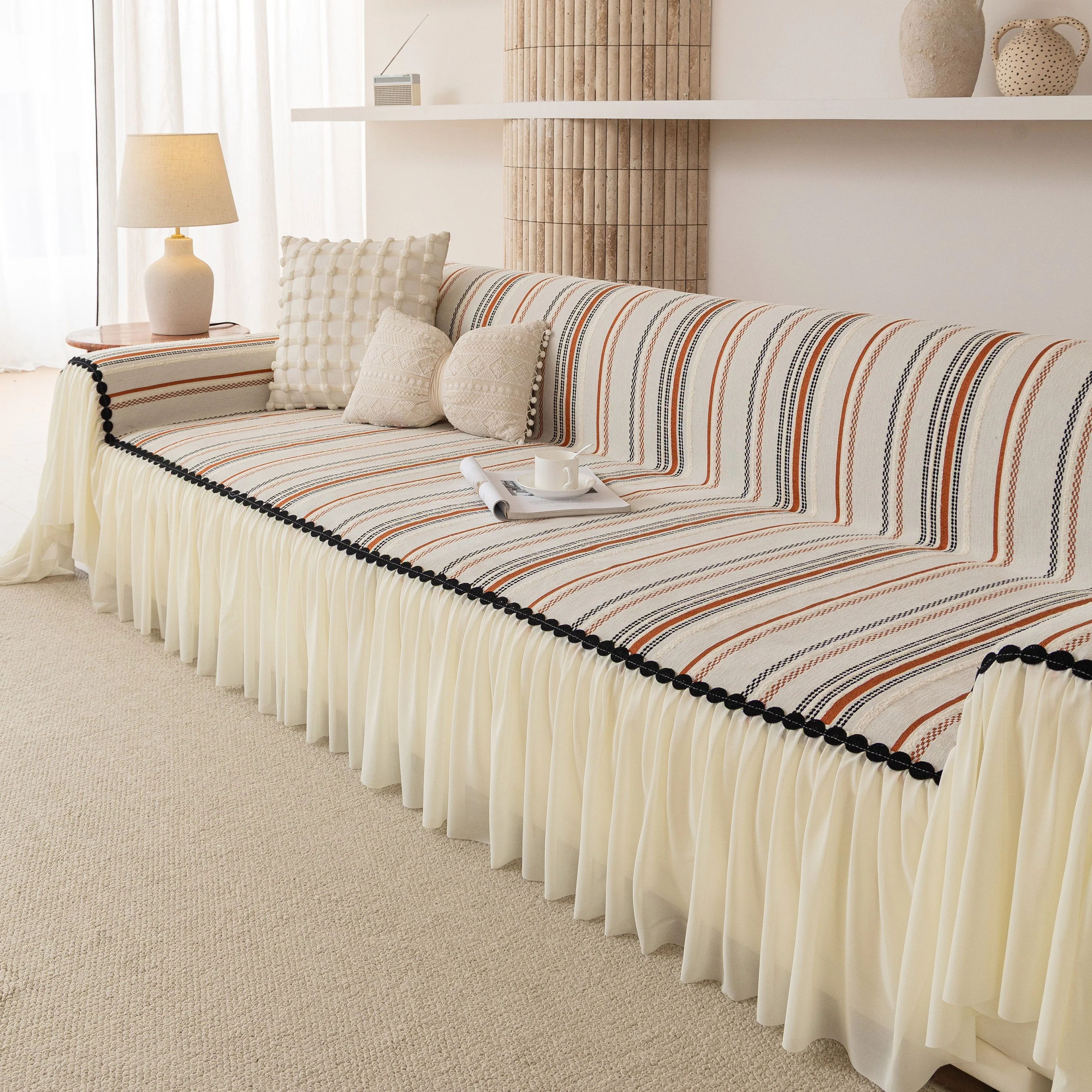 Boho Striped Couch Cover with Sheer Ruffle Skirt, Decorative Couch Throw Blanket - Image 20
