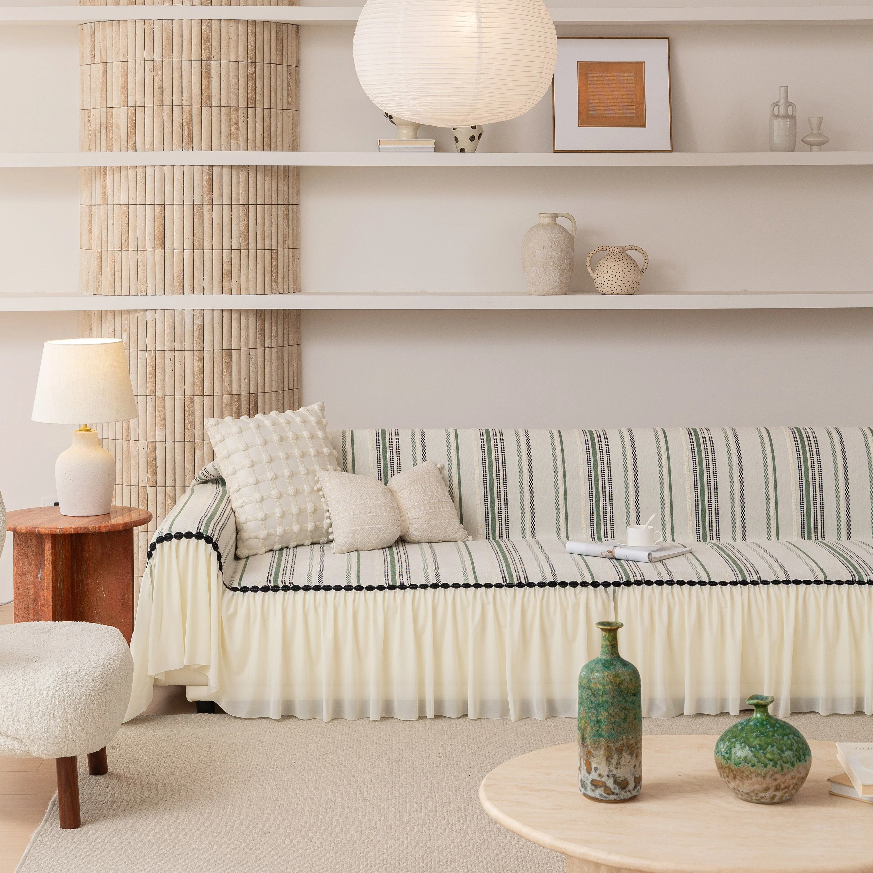 Boho Striped Couch Cover with Sheer Ruffle Skirt, Decorative Couch Throw Blanket - Image 21