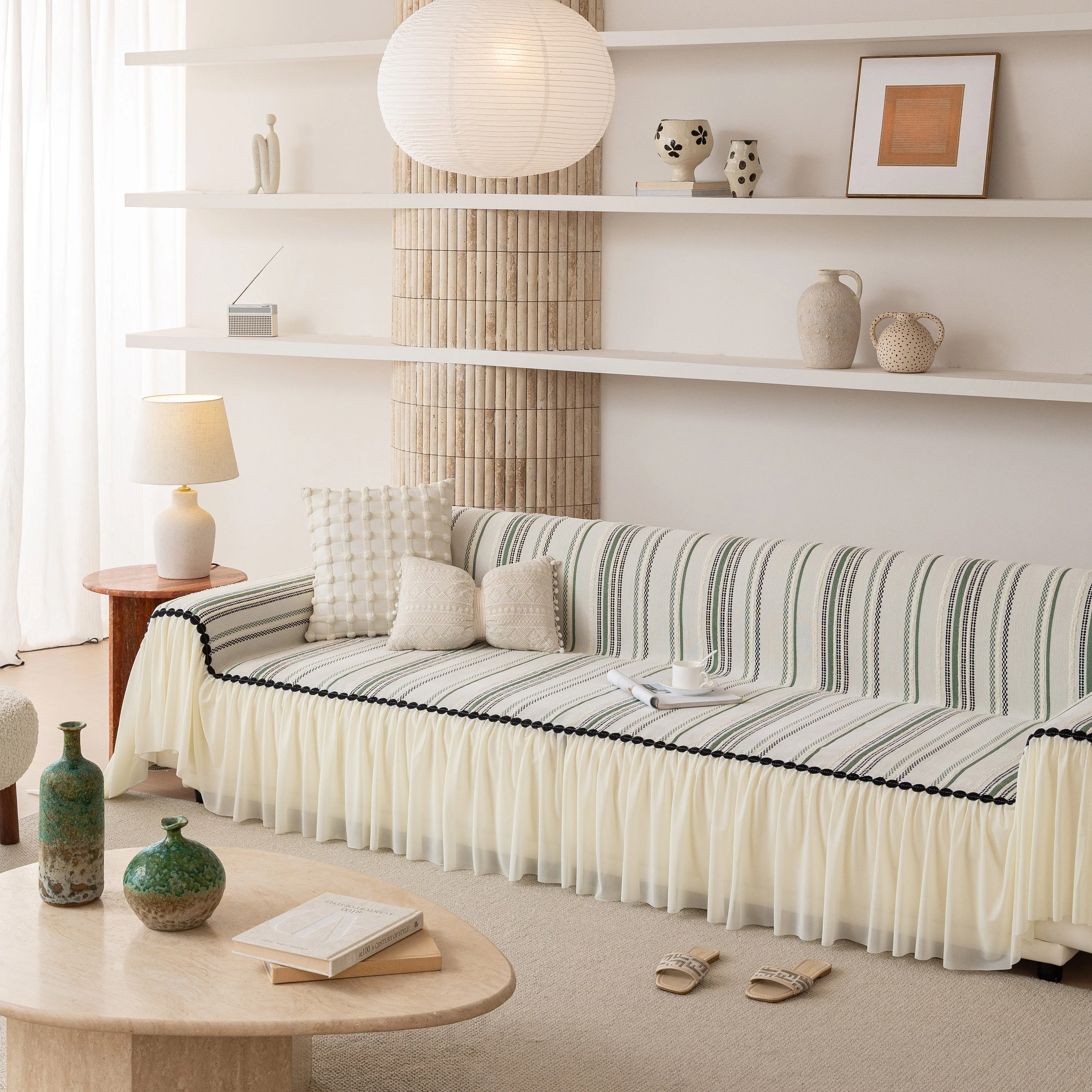 Boho Striped Couch Cover with Sheer Ruffle Skirt, Decorative Couch Throw Blanket - Image 22
