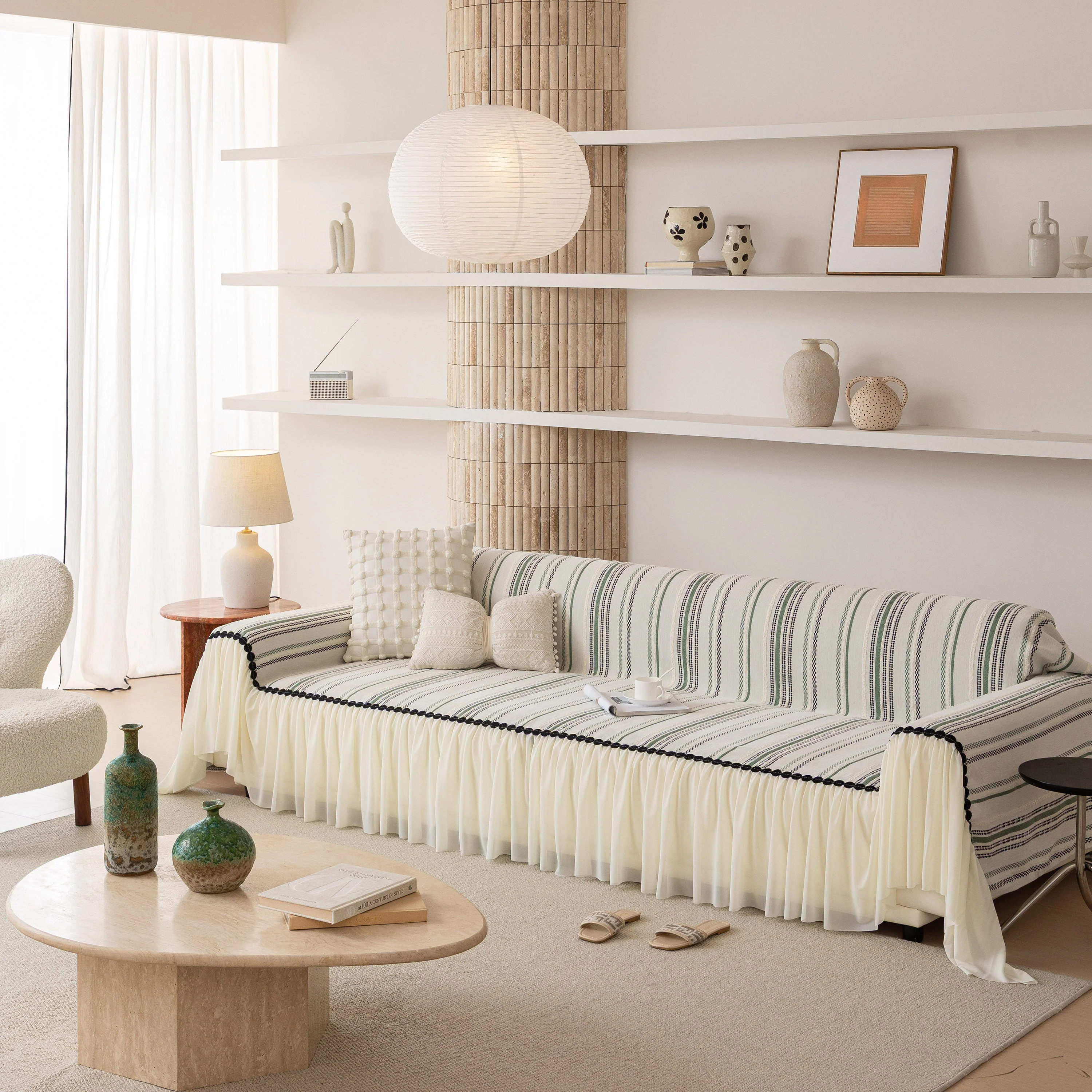 Boho Striped Couch Cover with Sheer Ruffle Skirt, Decorative Couch Throw Blanket - Image 23