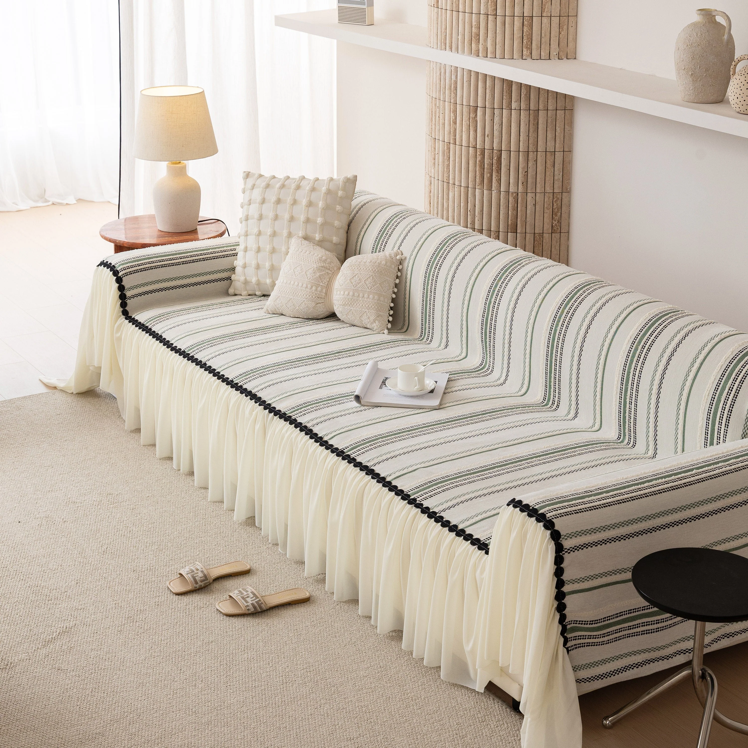 Boho Striped Couch Cover with Sheer Ruffle Skirt, Decorative Couch Throw Blanket - Image 24
