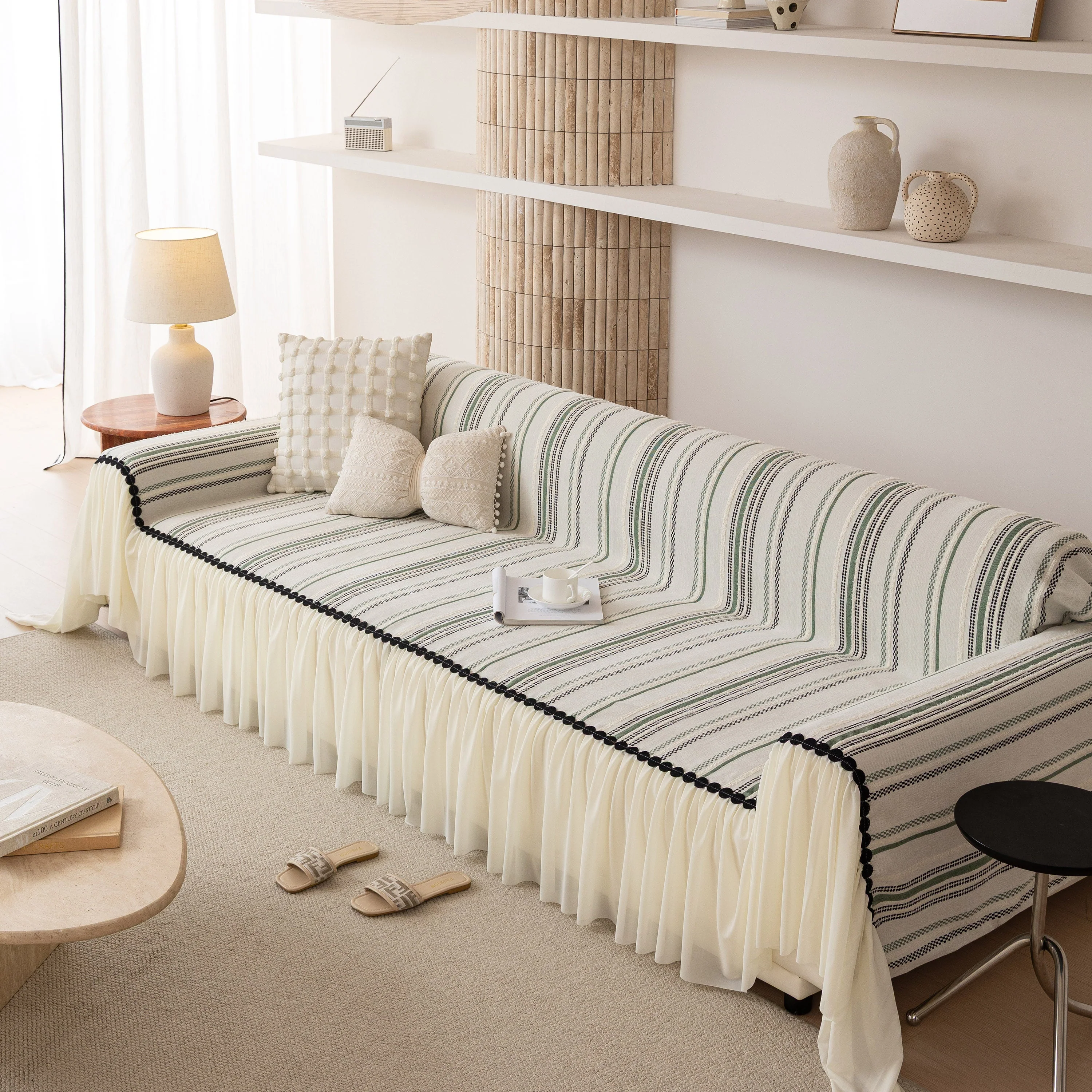 Boho Striped Couch Cover with Sheer Ruffle Skirt, Decorative Couch Throw Blanket - Image 25