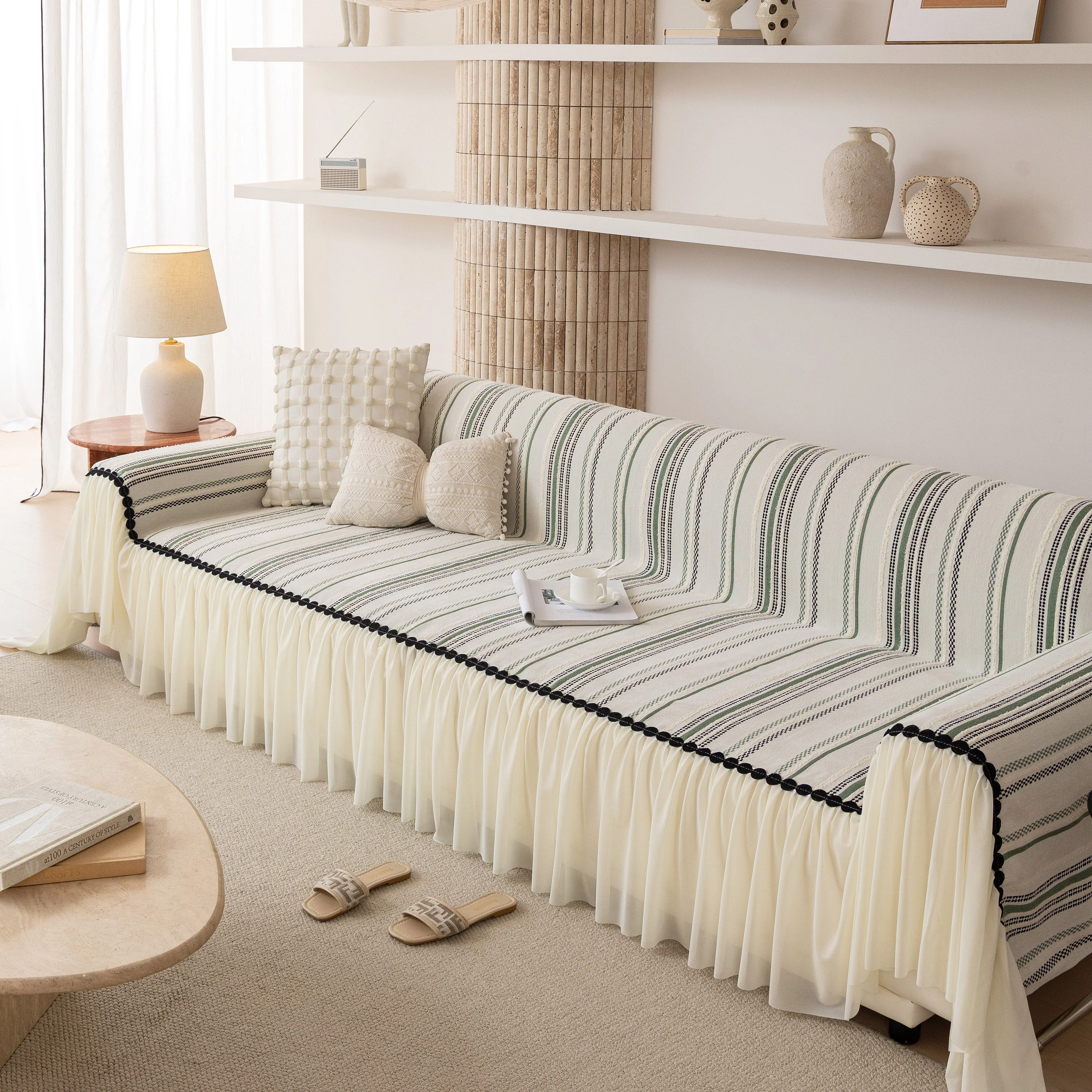 Boho Striped Couch Cover with Sheer Ruffle Skirt, Decorative Couch Throw Blanket - Image 26